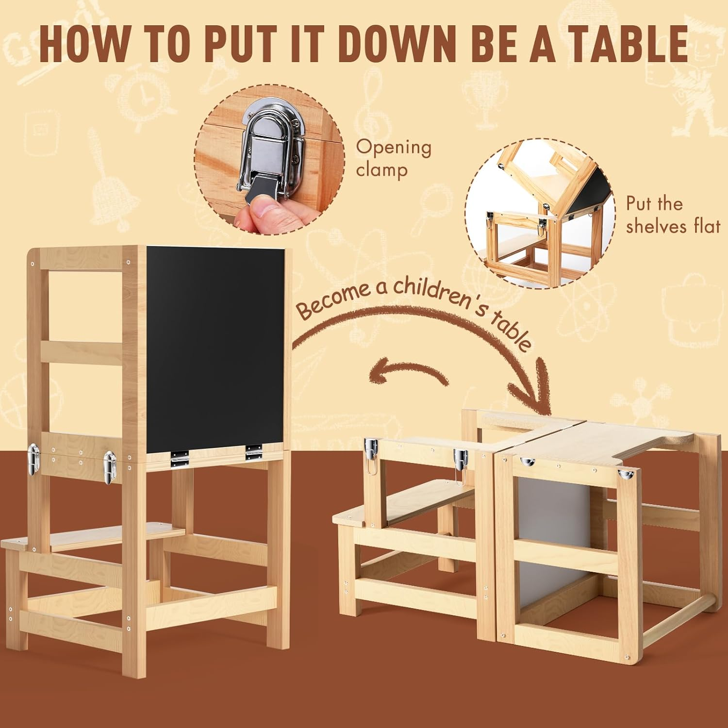 Kids Kitchen Step Stool - FSC Certification, Foldable Anti-Slip Learning Tower with Message Boards| Toddler Standing Tower, Montessori Kitchen Helper and Learning Tower, Toddler Tower, Natural Bamboo image number 1