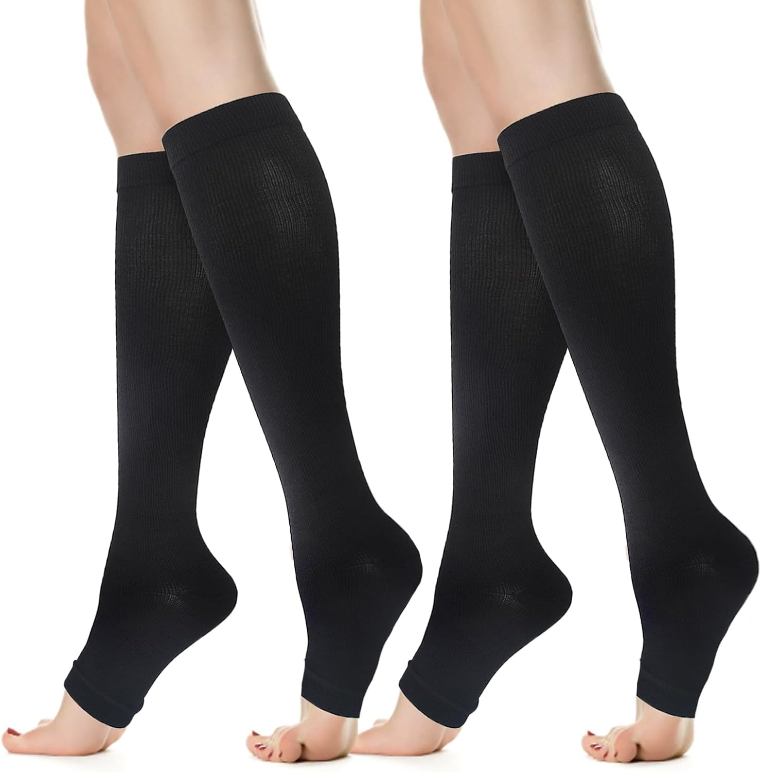 Viiotu Open Toe Compression Socks for Men & Women - 2 Pairs 15-20 Mmhg Knee High Flight & Travel Socks for Circulation Support