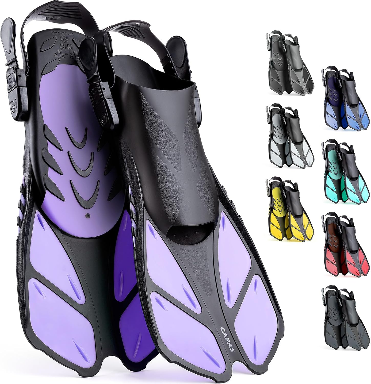 CAPAS Snorkel Fins, Swim Fins Travel Size Short Adjustable for Snorkeling Diving Adult Men Women Kids Open Heel Swimming Flippers image number 4