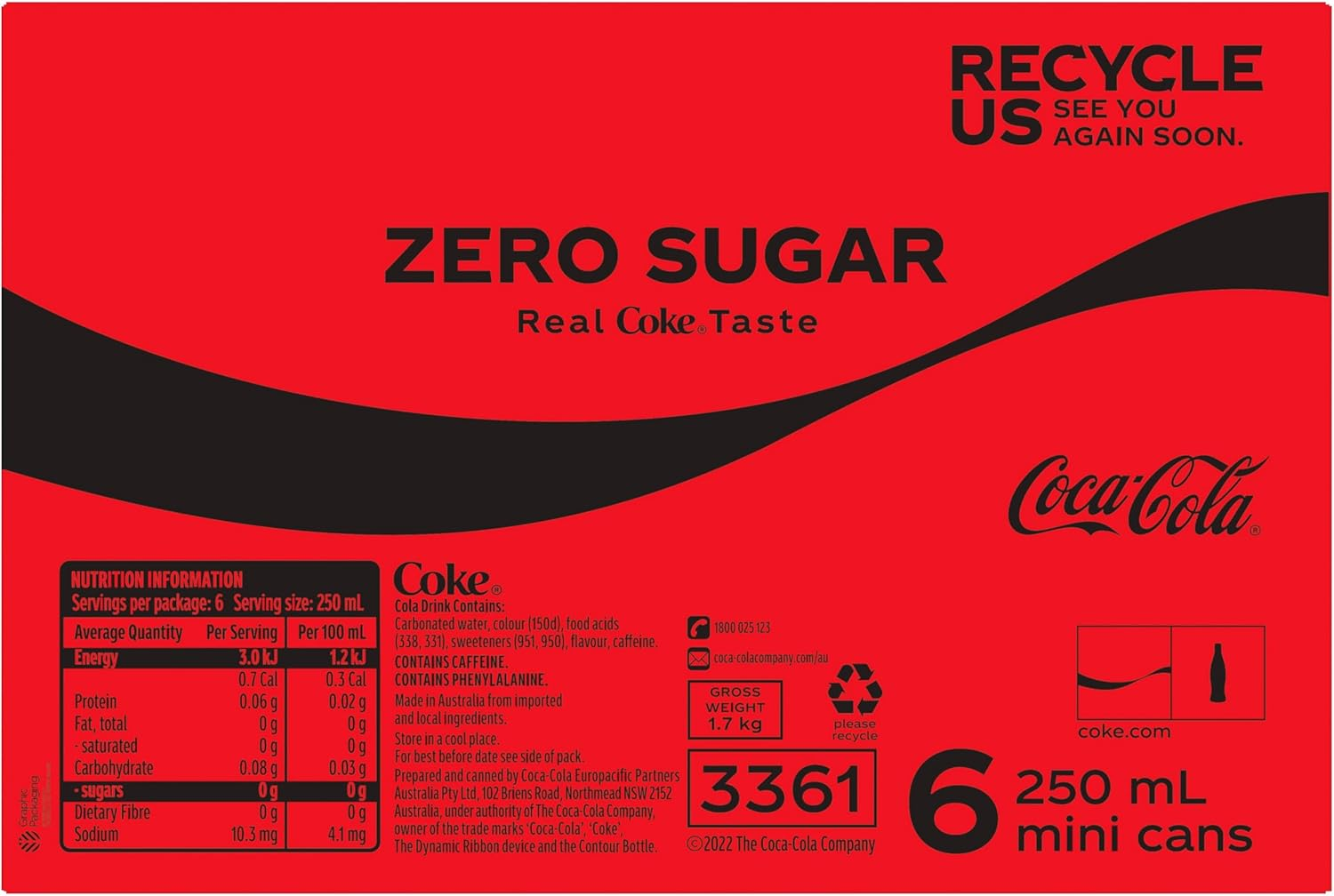 Coca-Cola Zero Sugar Soft Drink Mini Can Multipack 6 X 250 Ml (Packaging May Vary) image number 2