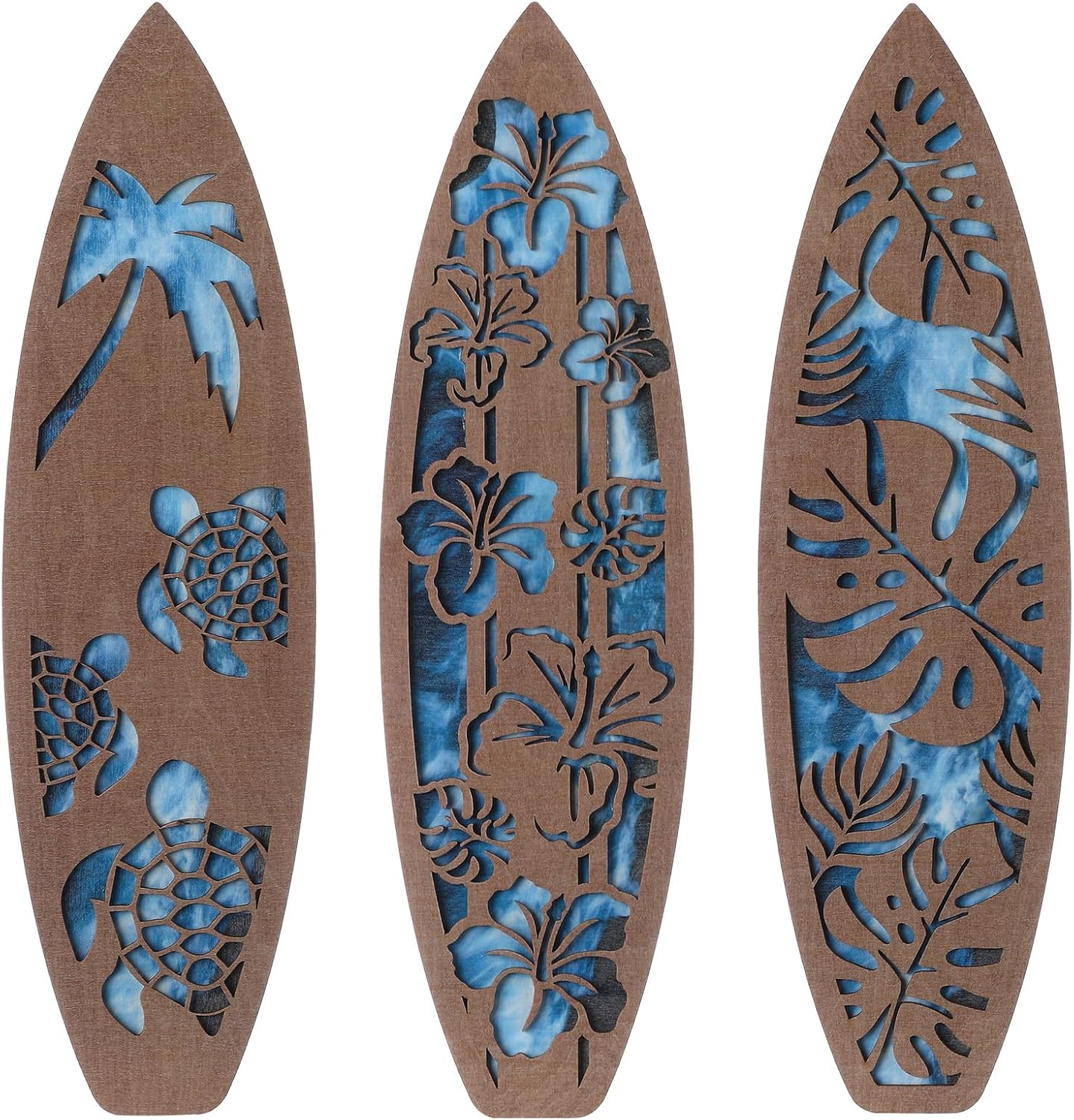 Rattanview 3 Pieces Surfboard Decor for Bedroom Wooden Beach Wall Decor Summer Wood Surfboard Wall Hanging Sign for Tropical Living Room Decoration (Coconut Tree,Boho Color)