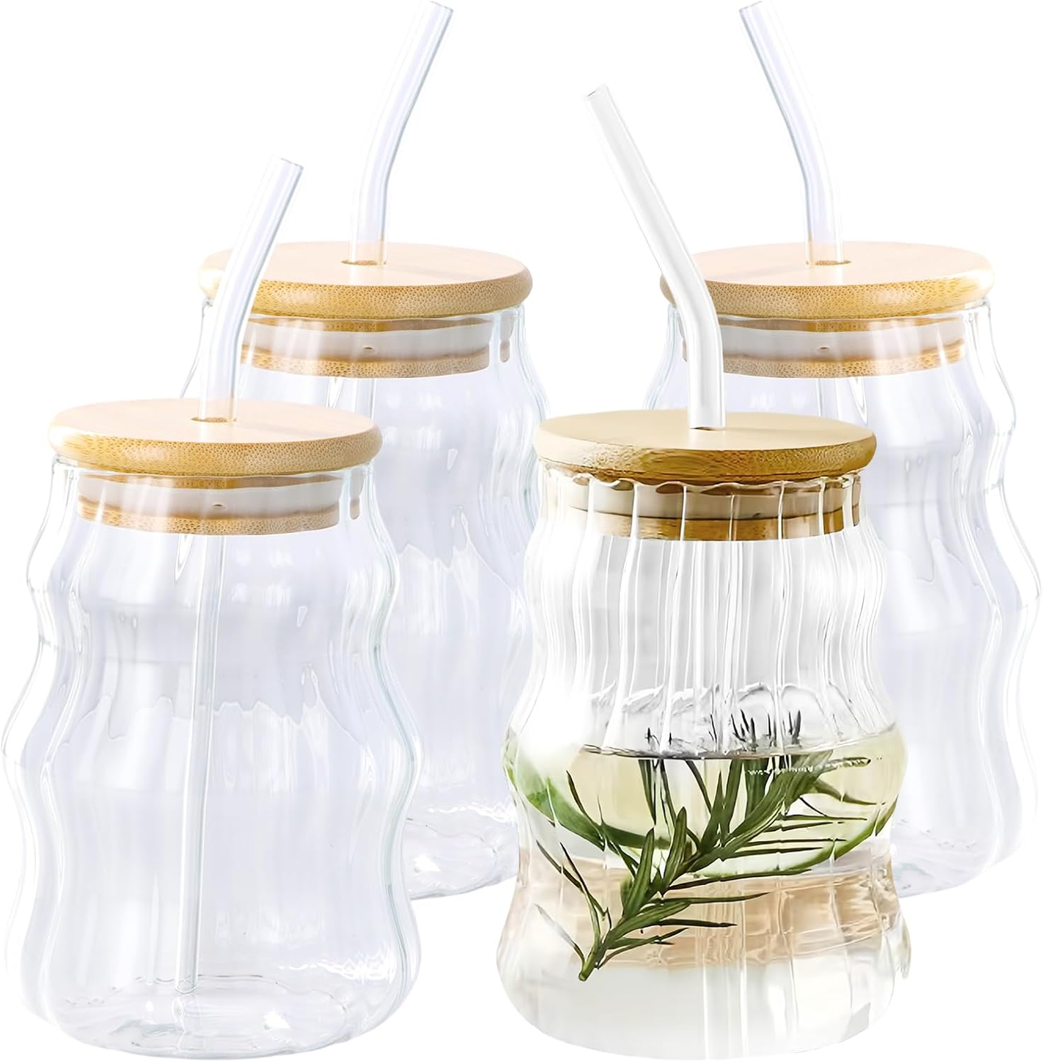 4 Pieces Cappuccino Glasses, Coffee Glasses Set with Lid and Straw, 500Ml Latte Macchiato Cups Glass Origami Style Glasses Drinking Coffee Cups Ribbed for Latte Tea Ice Milk Beer image number 1