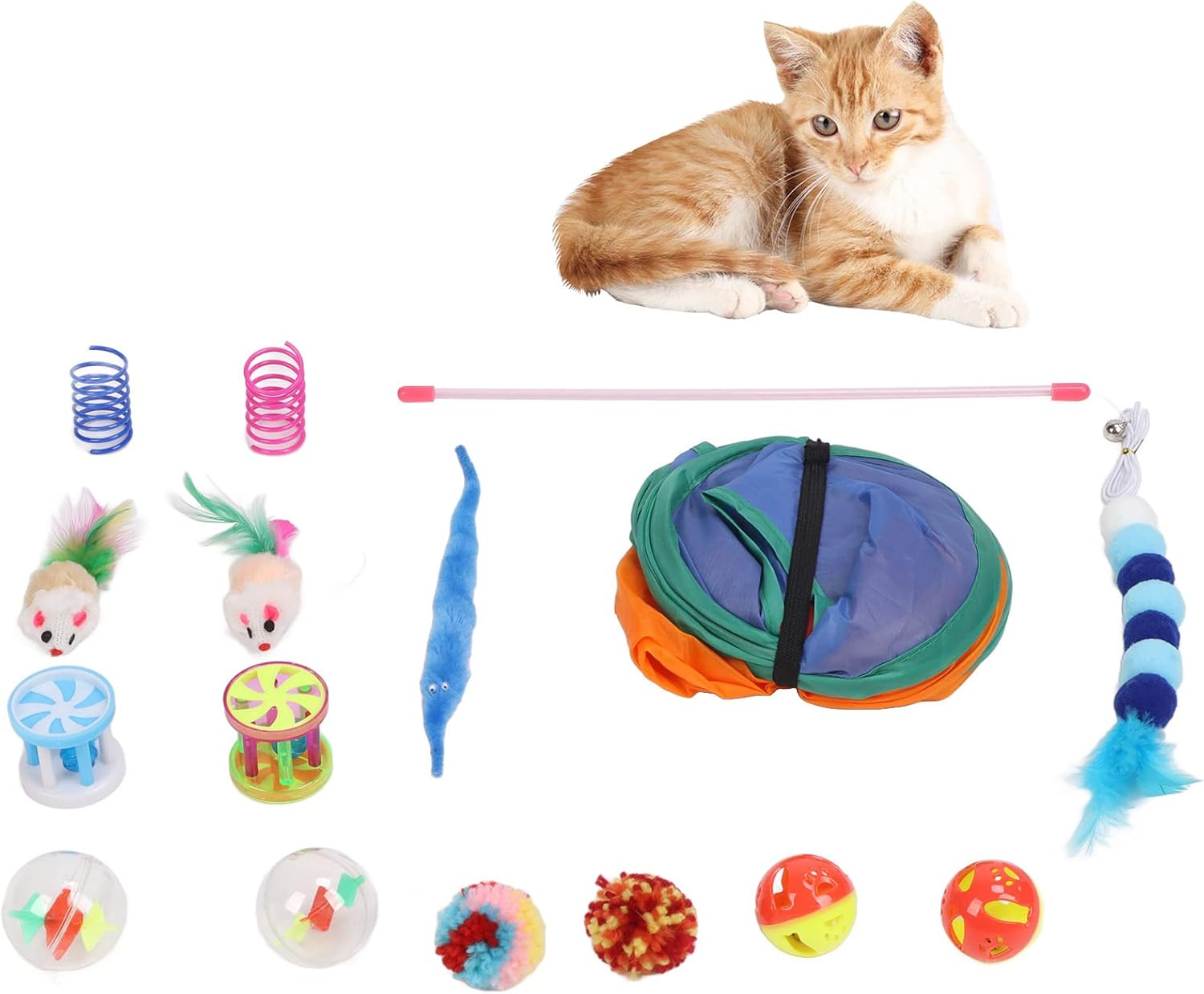 EVTSCAN Cat Toy Set Interactive Toxic Free Tent Ball Mouse Springs Funny Kitten Toy Assortment 15Pcs image number 1