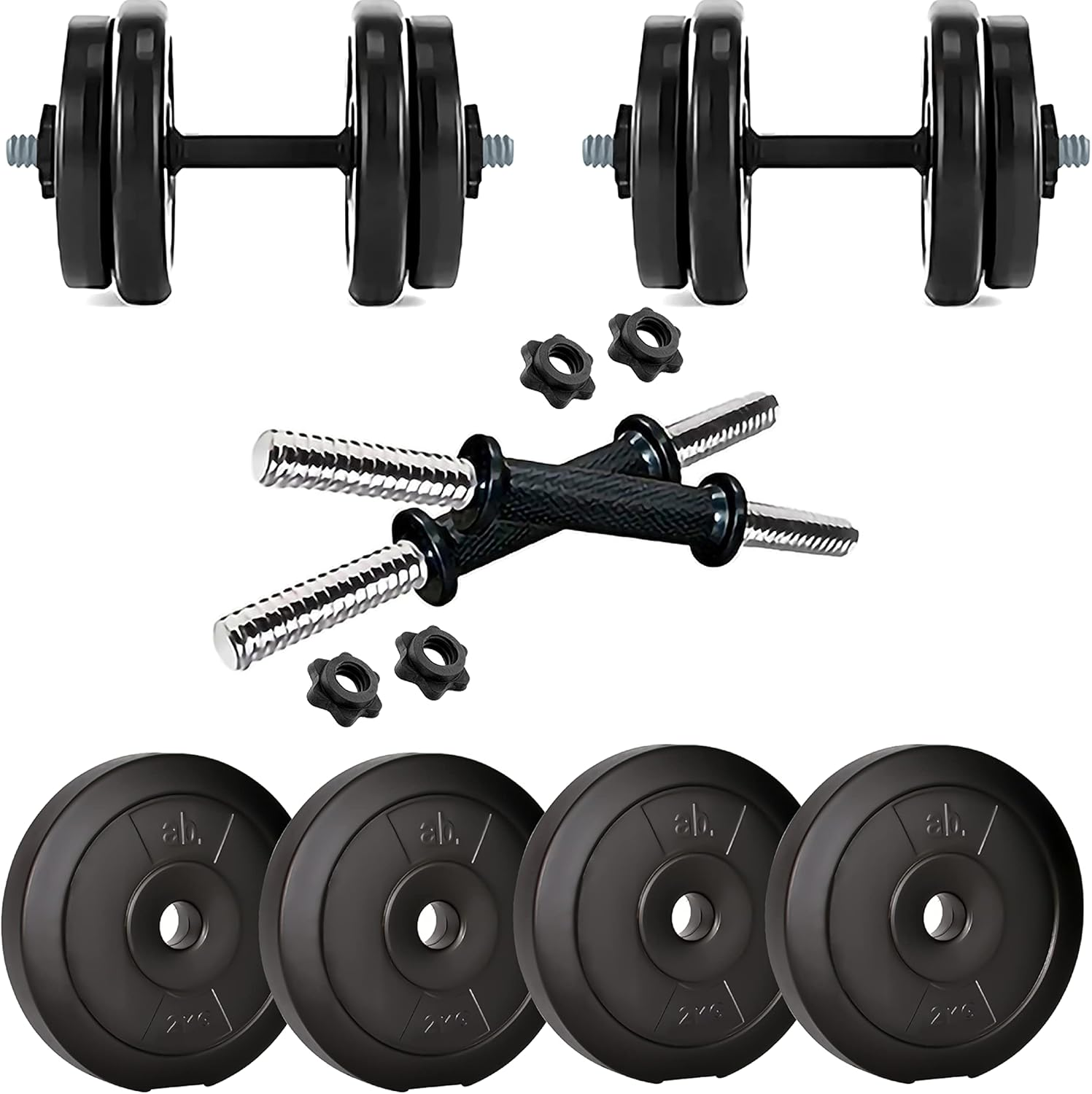Anythingbasic Adjustable PVC Dumbbell Set of 8Kg (17.6LB) Includes 4 Plates * 2Kg (4.4LB), 14'' Dumbbell Rod Pair & Nuts | Black | Material : Polyvinyl Chloride | Fitness Kit for Men and Women image number 1