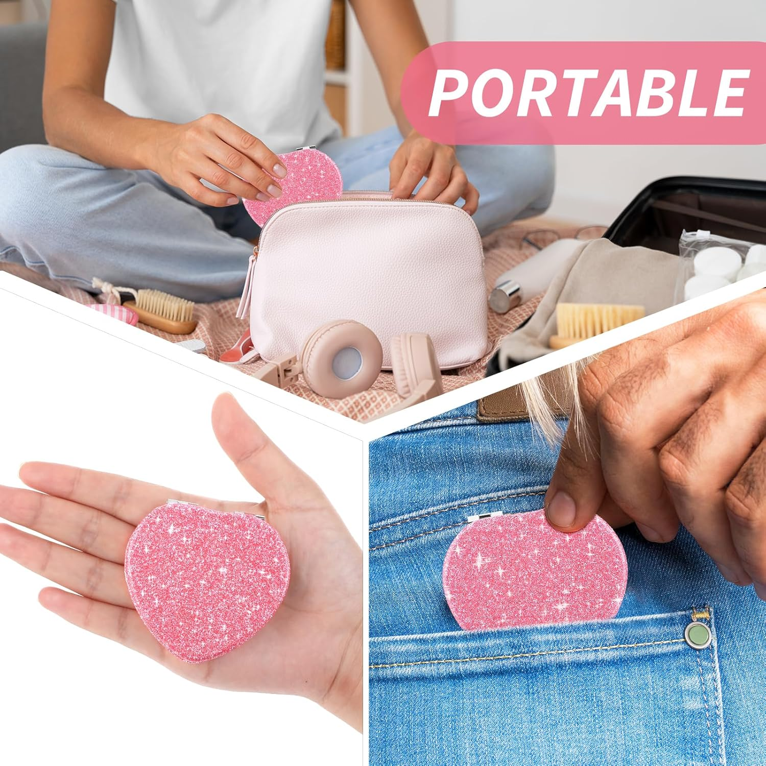Heart Shaped Compact Folding Mirror Mini Travel Portable Vanity Mirror for Purse Cosmetic Mirror Double Sided Glitter for Women Handbag Wallet Office In image number 6