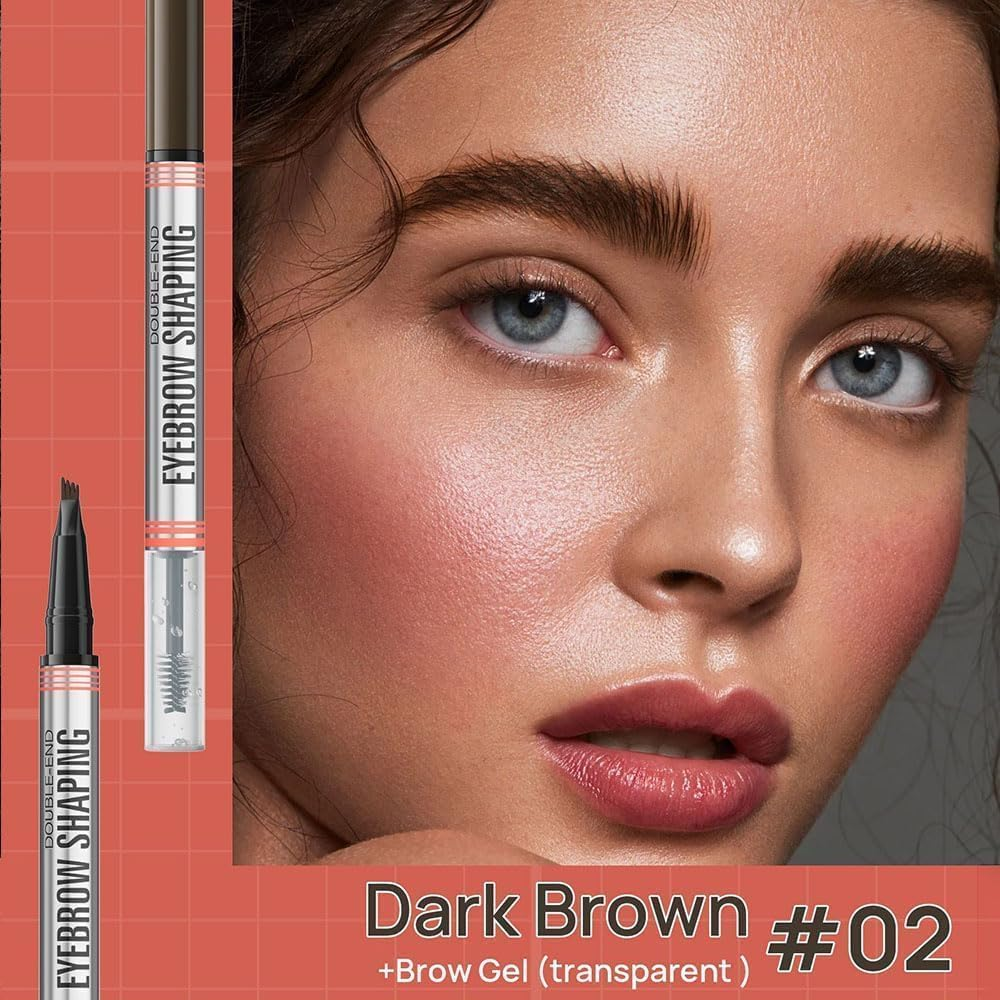2-In-1 Brow Pen and Sealing Brow Gel, 3D Microblading Eyebrow Pen Waterproof with 4 Fork Tip & Precise Brow Brush,24H Smudge-Proof 3D Hair-Like Strokes, All-Day Lasting (02#Dark Brown) image number 2