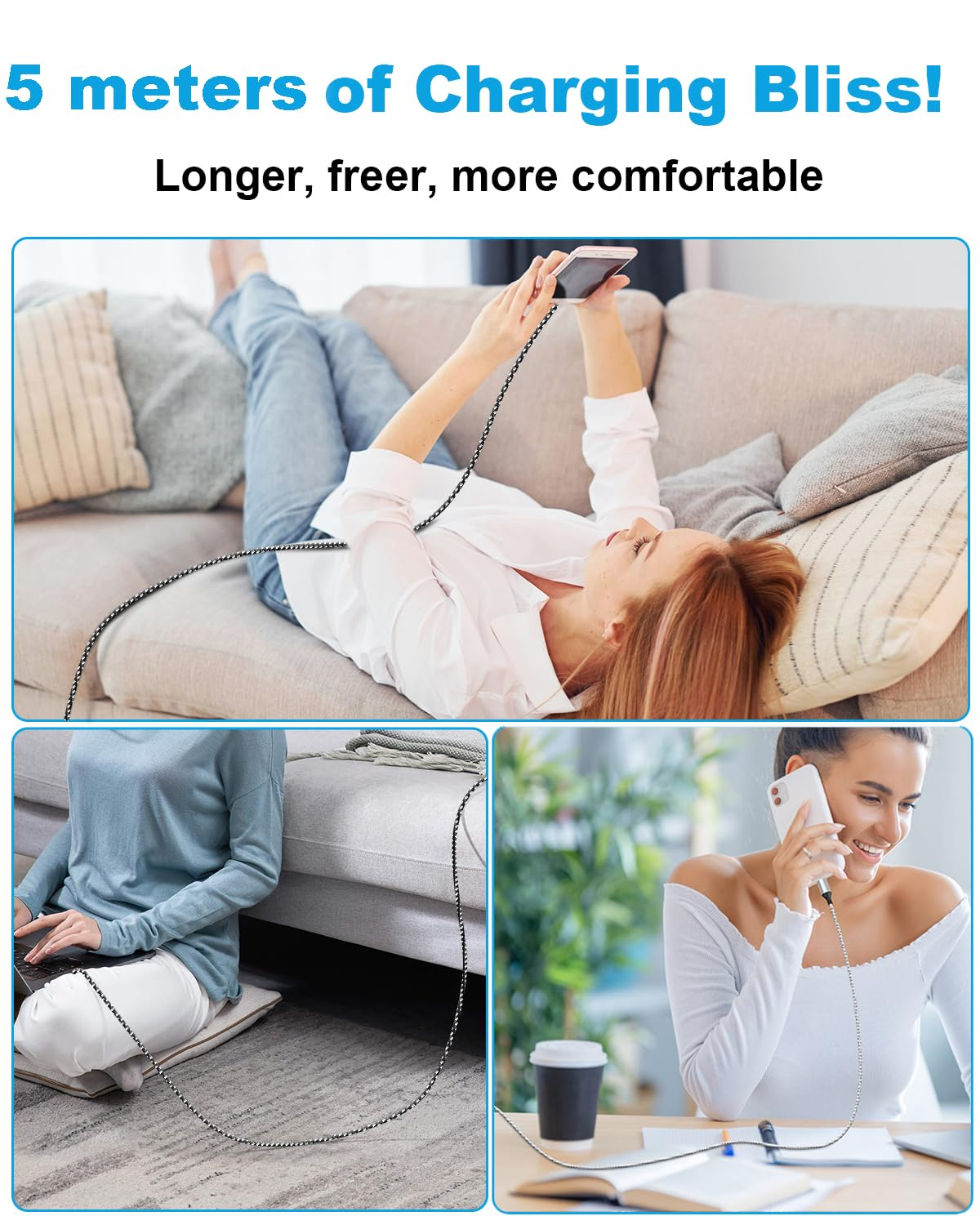 5M Extra Long Iphone Charger Cord, 60W USB-C and Lightning 2-In-1 Cable, Long Braided USB-C Fast Charging Cable for Iphone 17/16/15/14 Pro/Pro Max, Macbook, Ipad (Black, 5M) image number 2