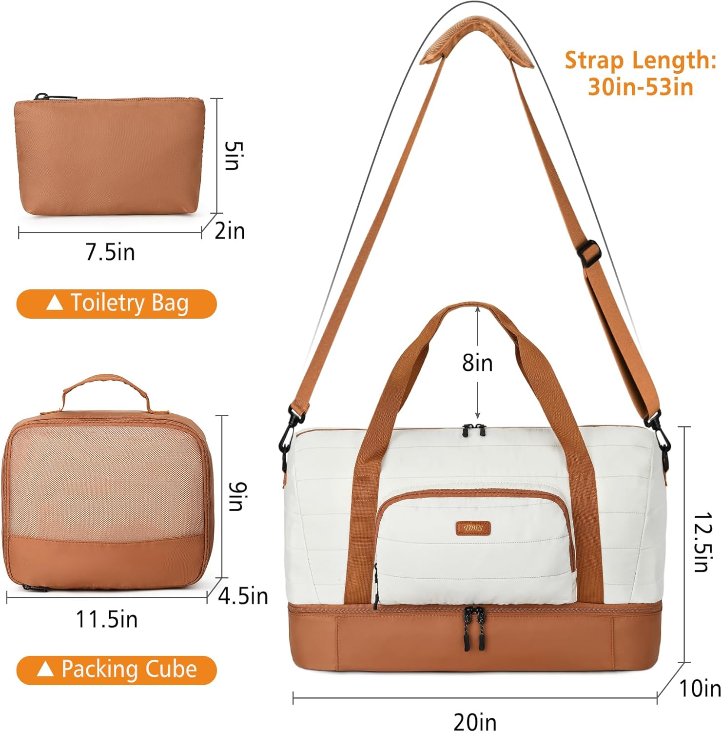 Travel Weekender Bag for Women, Overnight Bag with Shoe Compartment, Oversized Travel Duffel Bag Carry on Tote with Trolley Sleeve 21" for Weekend Travel Business Trip, White Brown, Large image number 2