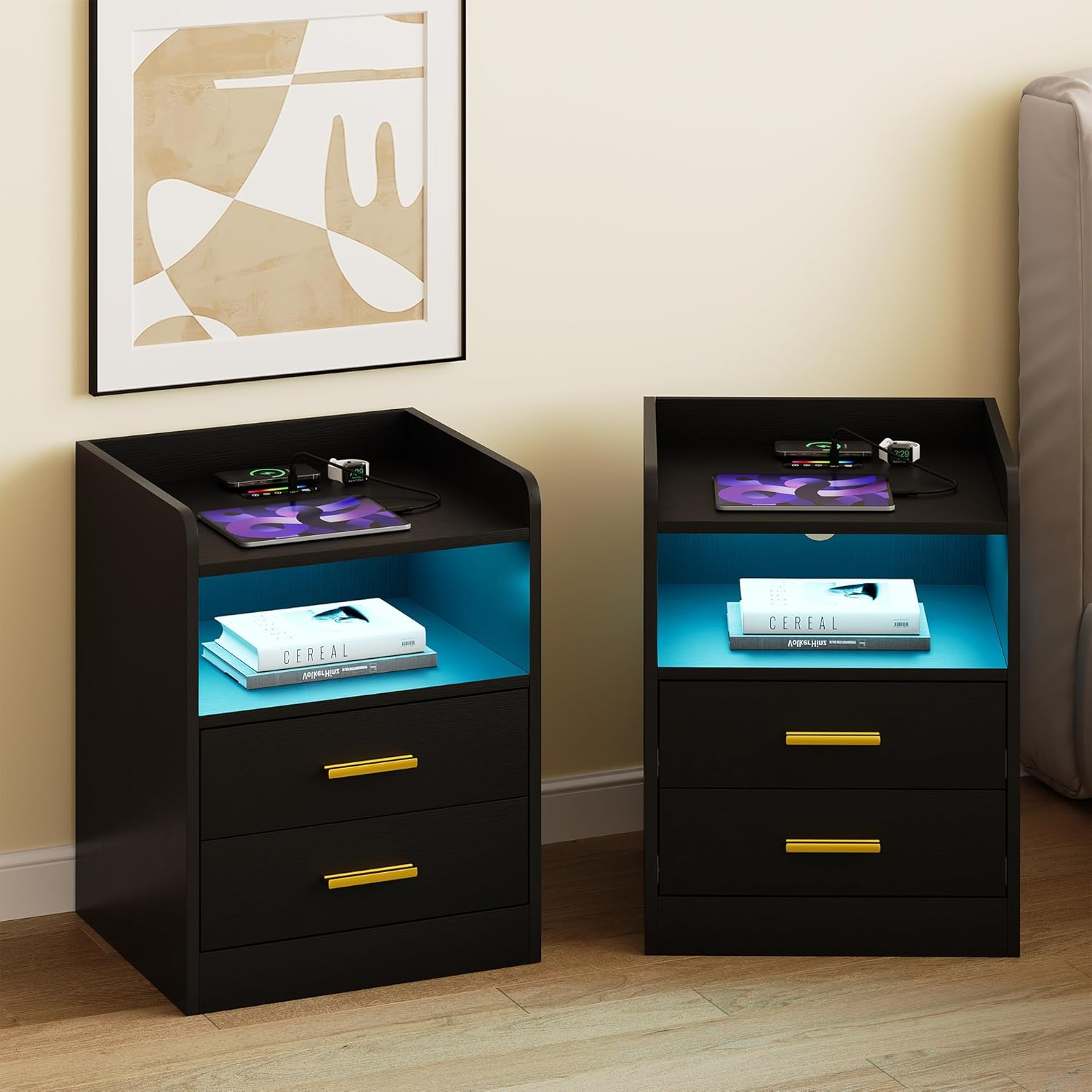 Advwin Bedside Table 2 Drawers, LED Nightstand with Human Induction, Wireless Charging Station and USB & Type-C Port, Chest of Drawers with Storage Shelf, Black (1, Black)