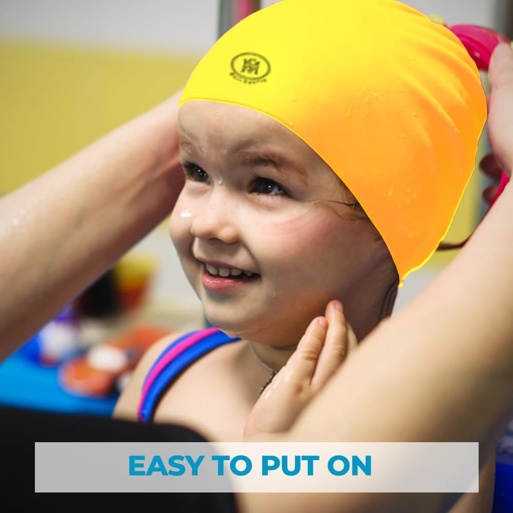 Swimming Caps for Kids- 100% Silicone Waterproof Durable and Odour Free Swim Hat - Stretchable, anti Slip Swim Cap - Swimming Hat for up to 5-12 Years with Protective Pouch - Black image number 4