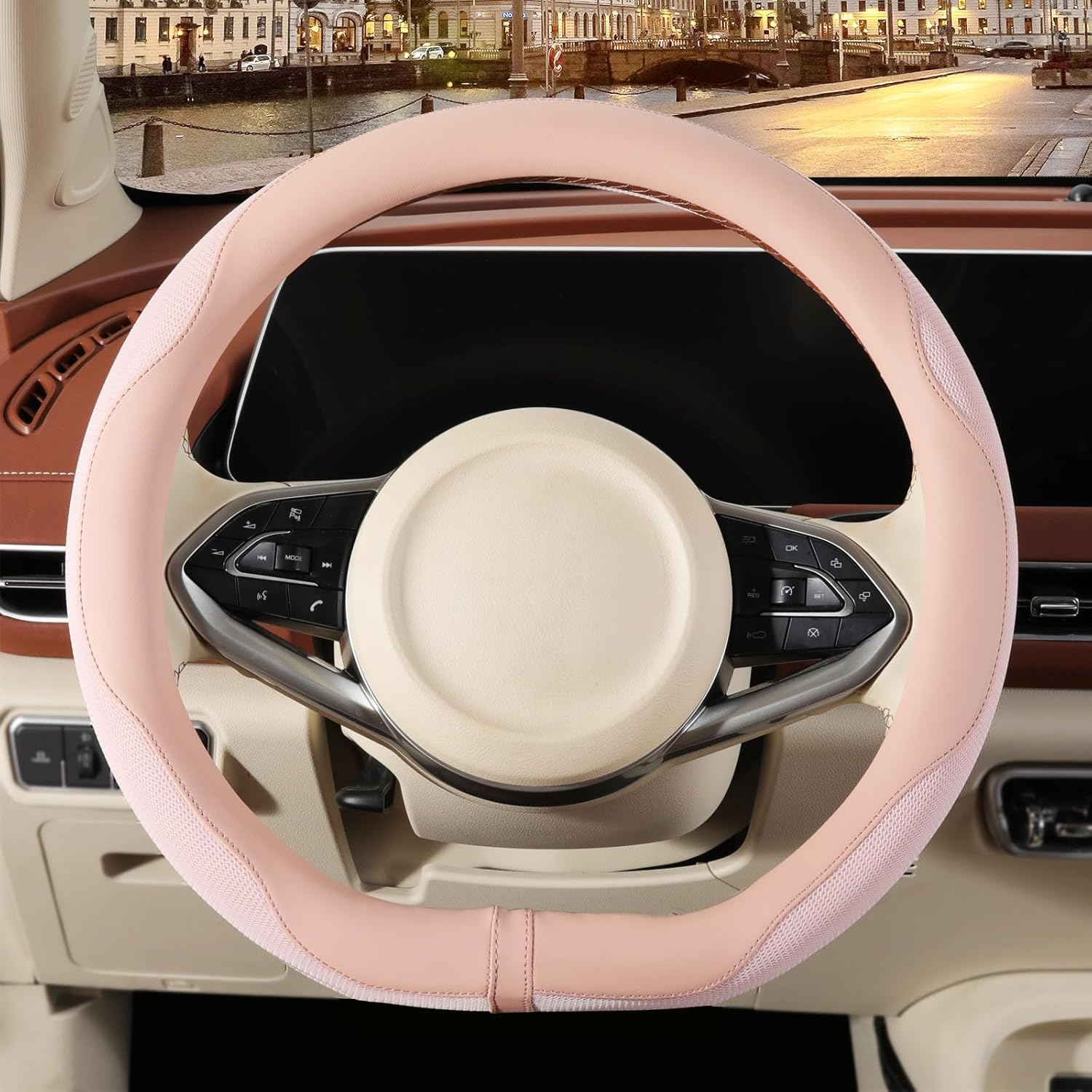 Binsheo Nappa Leather Pink Steering Wheel Cover, Advanced Microfiber Leather Non-Slip Breathable Fabric, Warm in Winter and Cool in Summer, Universal 15 Inch