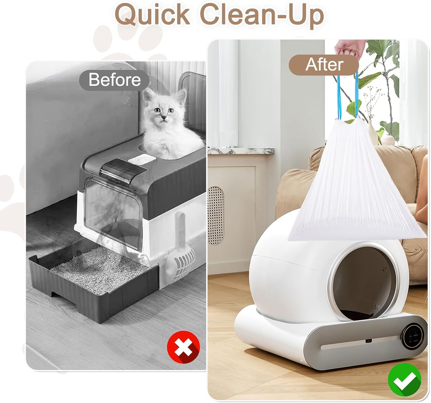 Tafoyu Cat Litter Box Bags with Drawstrings, Bin Bags with Carry Handle, Self-Cleaning Cat Litter Box, Rubbish Bags, Scratch-Resistant for Pets, Cats, Dogs, Poop Cat Litter, 6 Rolls/90 Pieces image number 4