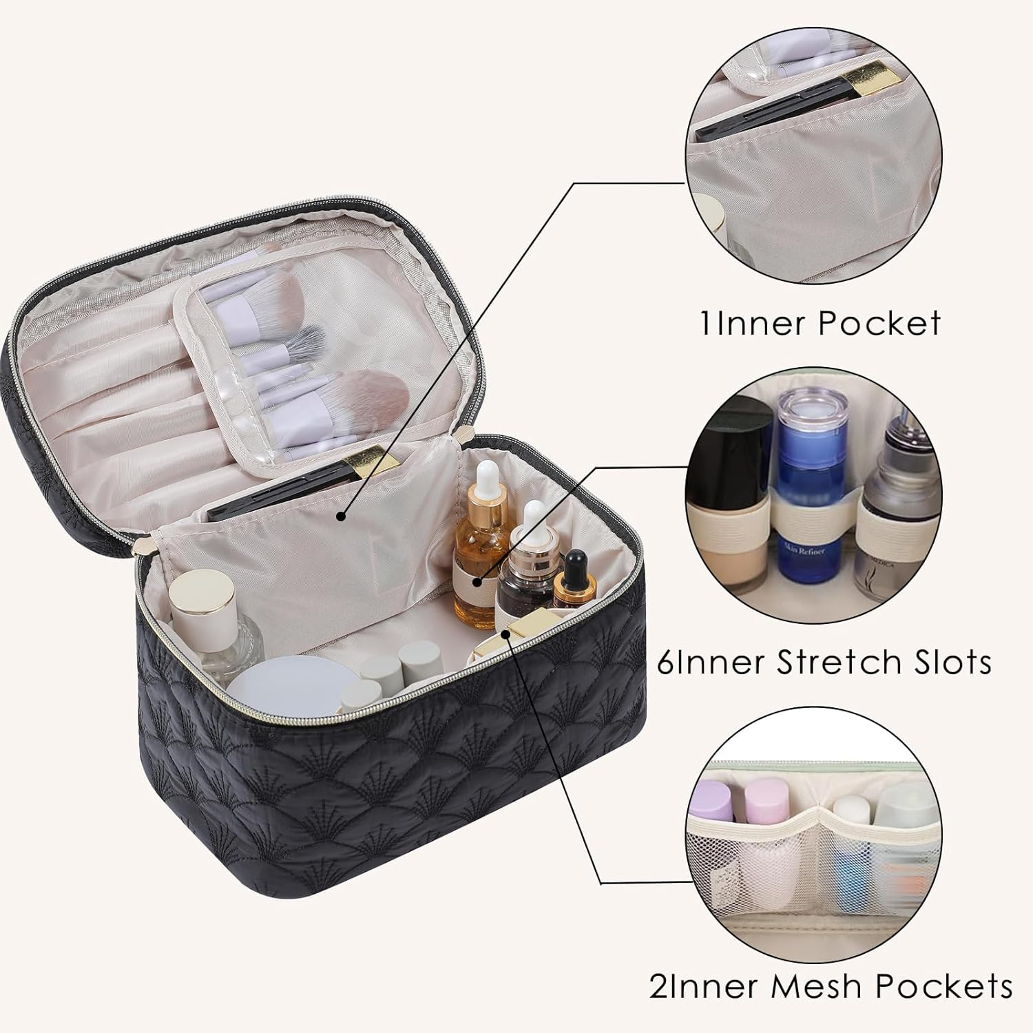 DDPOND Medium Size Quilted Makeup Bag with Brush Compartment, Coastal Granddaughter Cosmetic Bag, Seashell Portable Travel Toiletry Pouch（02White） - 02White image number 5