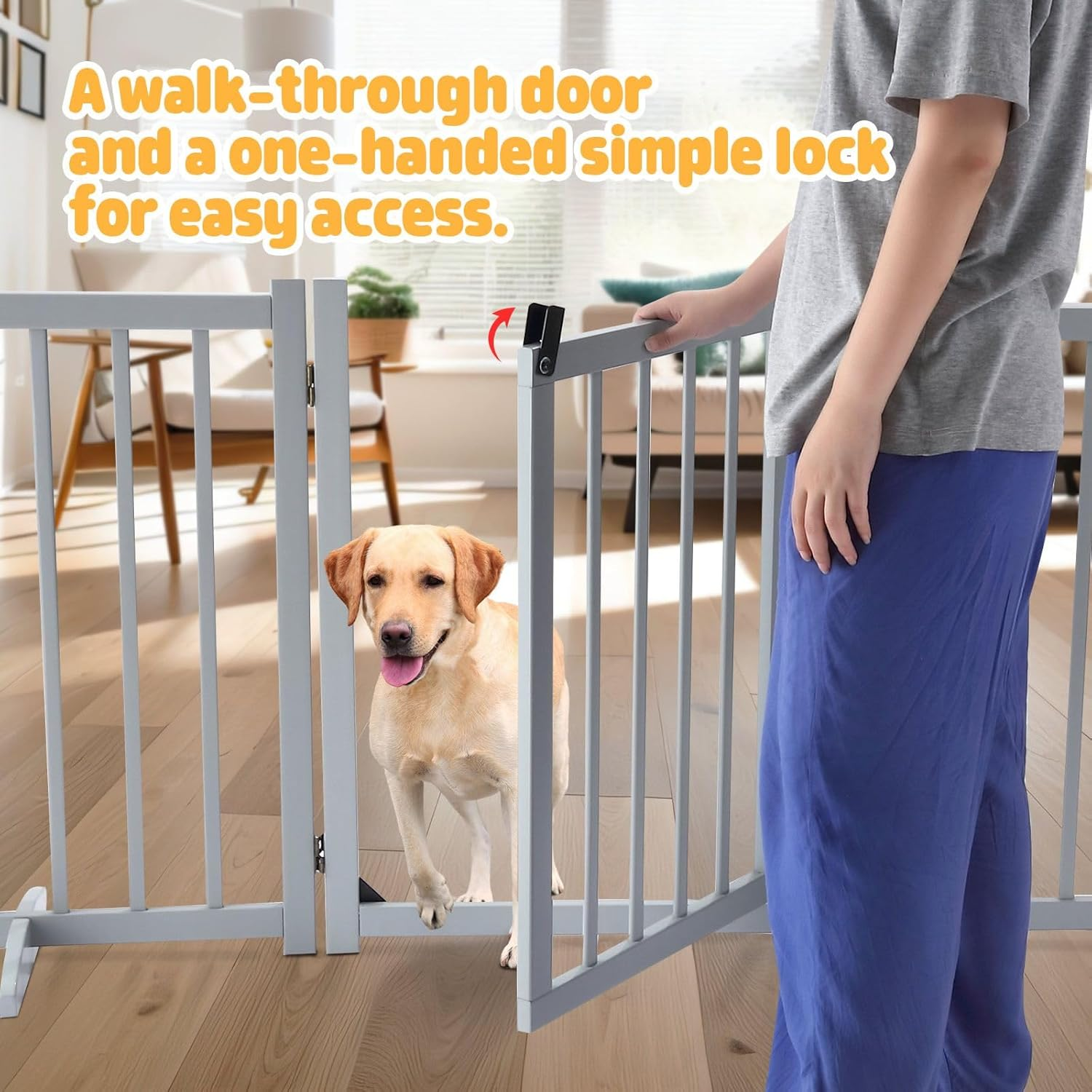 4 Panels Freestanding Wooden Pet Safety Gate,Foldable Puppy Dog Fence Safety Guard,Indoor Pet Playpen Pet Barrier Protection Net Stair Partition,Grey image number 6
