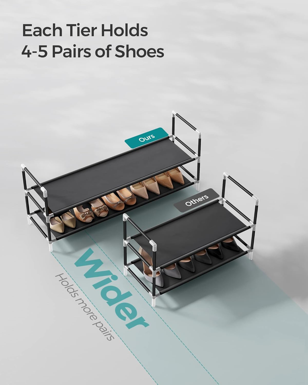 SONGMICS 2-Tier Shoe Rack, Shoe Storage for Hallway Closet, Slim and Space-Saving, Metal Frame, Non-Woven Fabric Shelves, Black ULSH052B01 image number 3