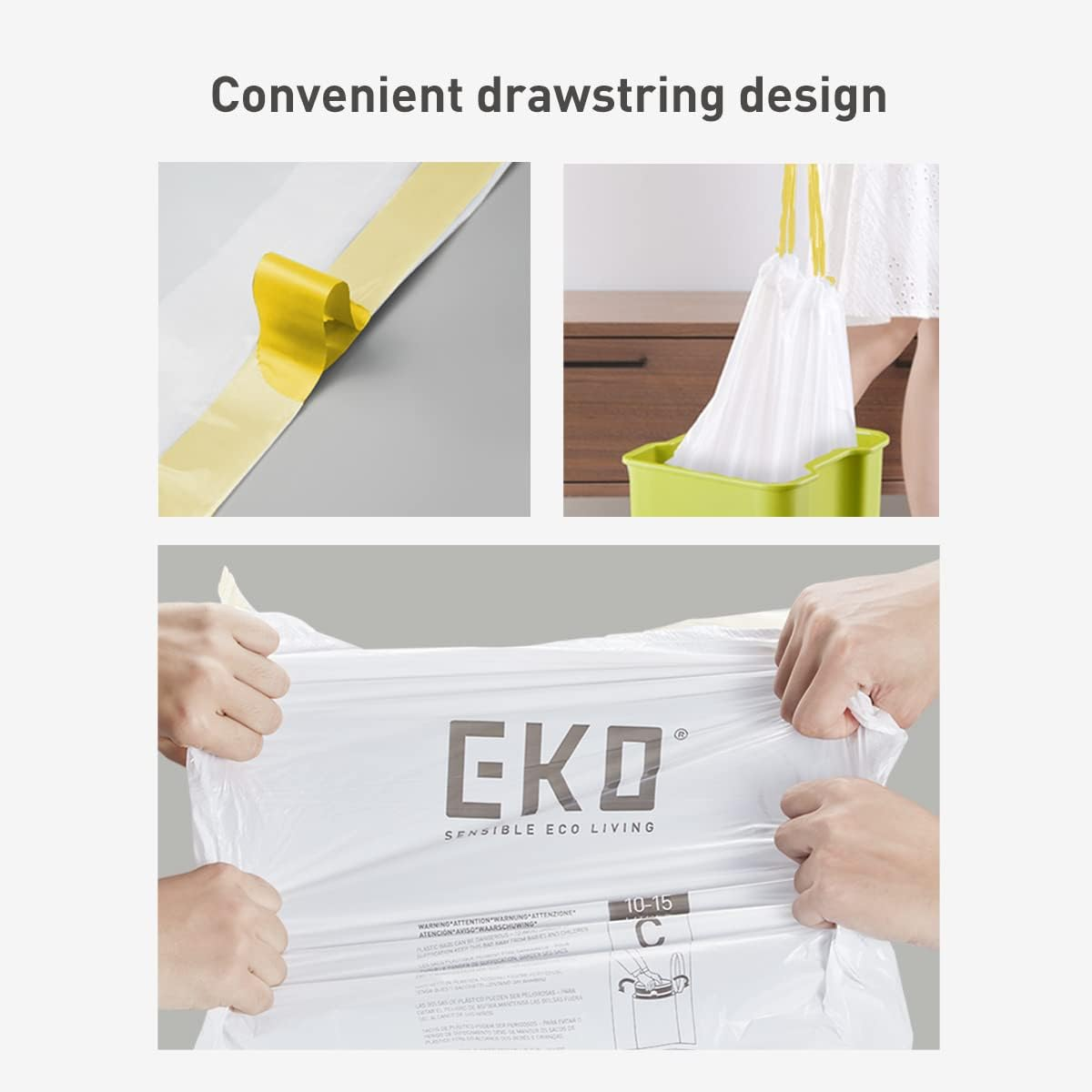 EKO 50&ndash;90L Drawstring Rubbish Bags, 60-Pack Easy-Dispense Roll, Extra-Strong & Leak-Resistant Bin Liners, 21 Gallon, White &ndash; Heavy Duty Kitchen & Household Bags, Code G image number 1