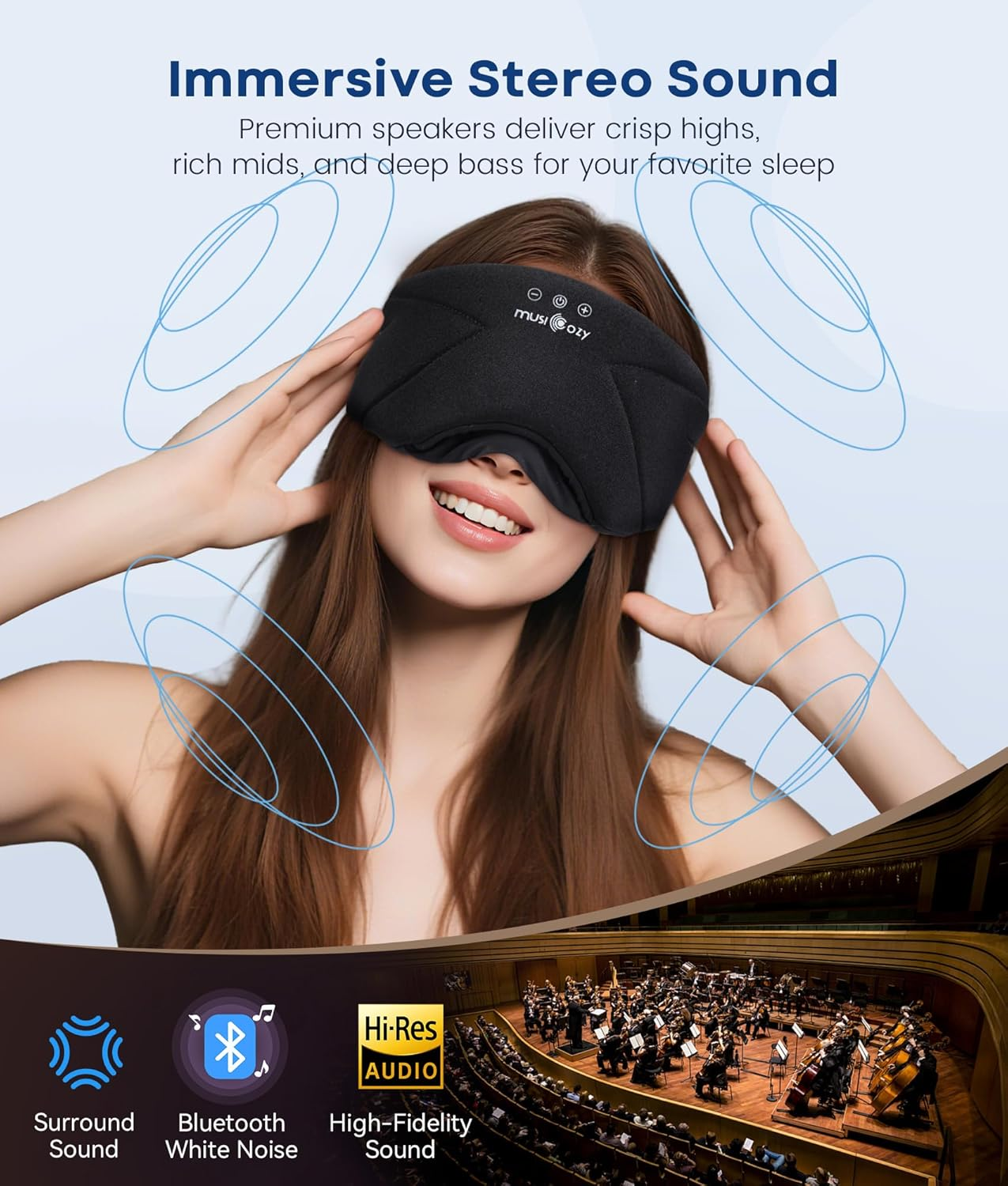 MUSICOZY Bluetooth Sleep Headphones 5.4, Wireless Over-Ear Headphones with Built-In HD Stereo Speakers, Cooling Eye Mask Design, 14H Playtime, Washable, for Side Sleepers, Travel & Relaxation