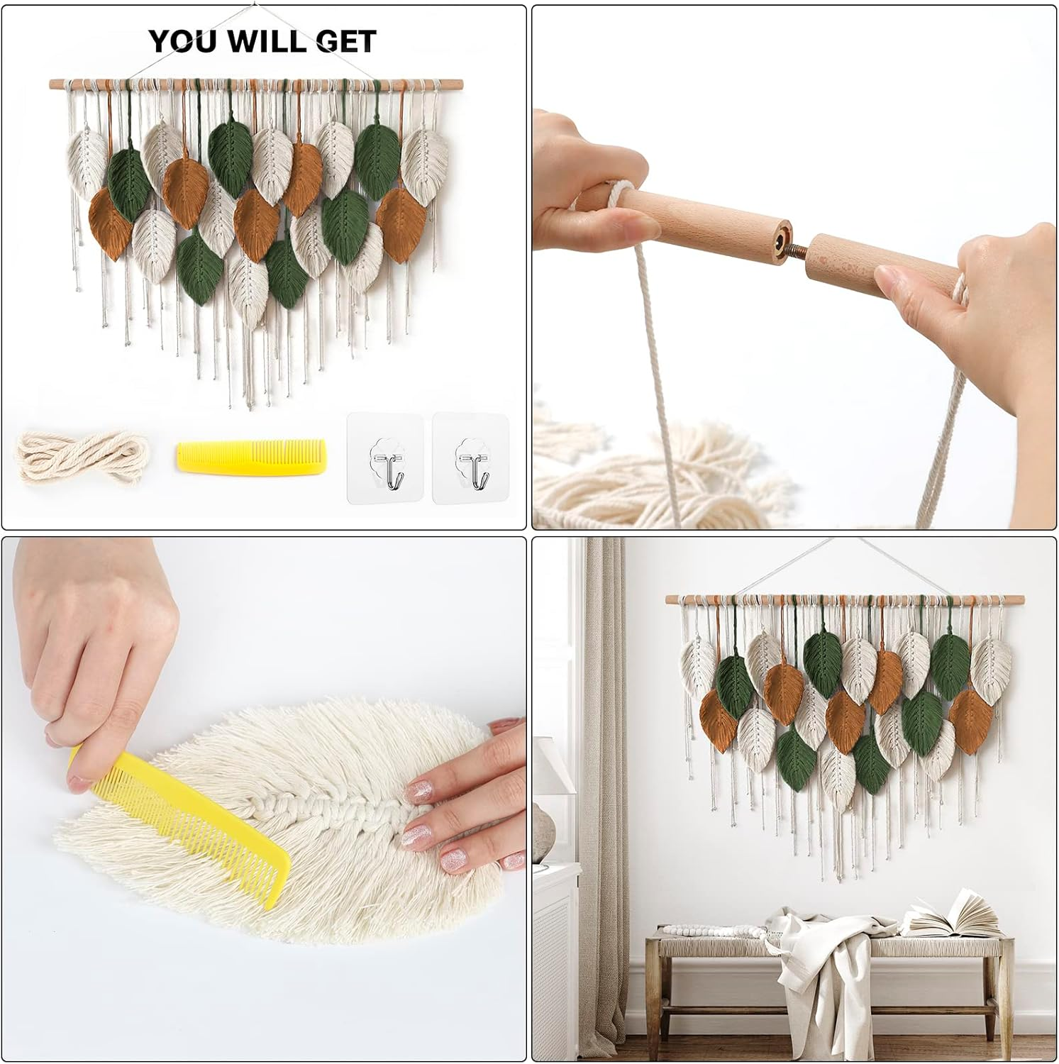 KHOYIME Large Macrame Wall Hanging Boho Woven Tapestry, Chic Home Decor Modern Bohemian Handmade Leaf Feather Wall Art Decorations for Apartment Dorm Living Room Bedroom Nursery Backdrop 39"W X 29.5"L image number 3