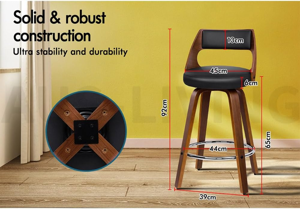 ALFORDSON Bar Stools 4 X Swivel Kitchen Stool 65Cm Seat Height Wooden Counter Stool with Footrest and Adjustable Leg Levelers Leather Leather Dining Chairs for Home Bar Dining Room, Eden Black image number 6