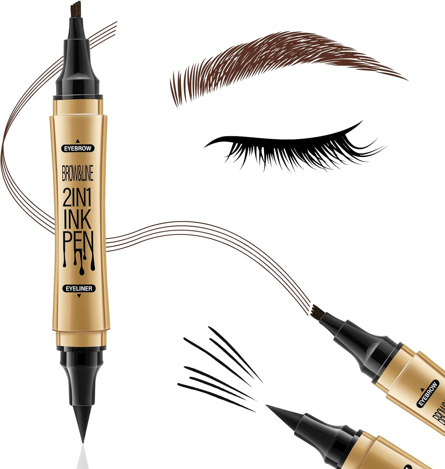 Boobeen Liquid Eyebrow Pen Eyeliner Dual-Ended, 4 Tip Eye Brow Pencil Ink Liner Kit for Matte Eye Makeup, Glides on Smoothly