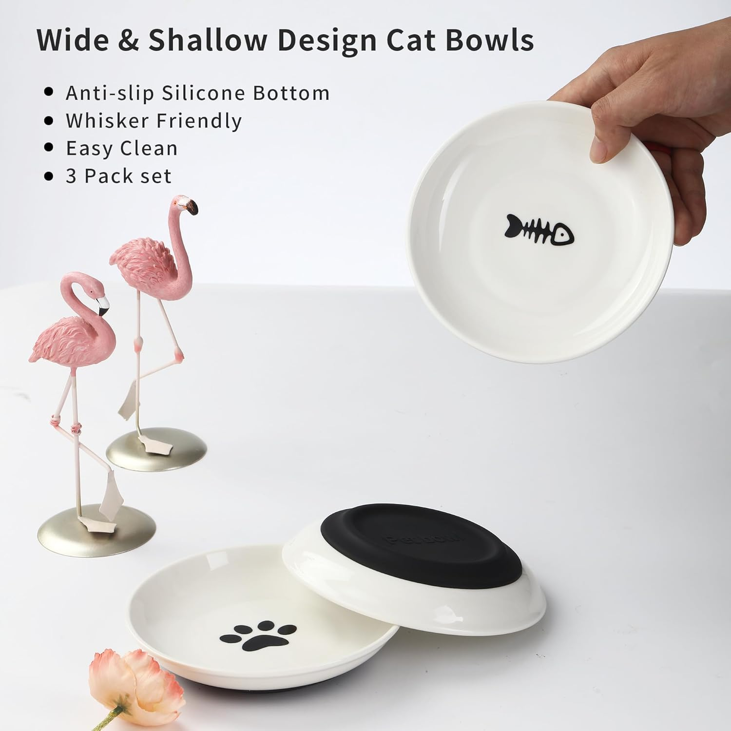 Pack of 3 Cat Feeding Bowls, Ceramic with Non-Slip Rubber Base, 15 Cm Diameter, Cat Bowl for Pet Cats and Puppies image number 4