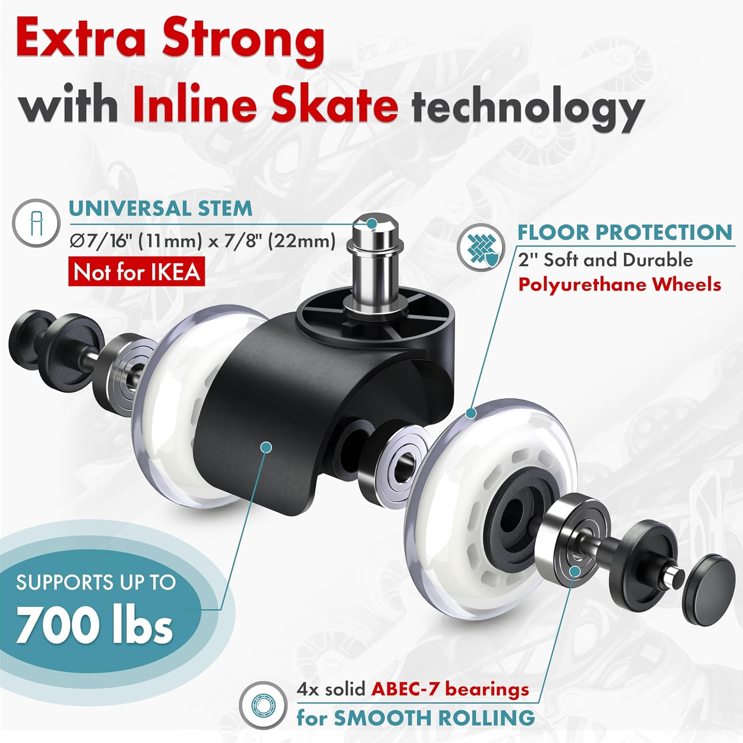 Professional Office Chair Caster Wheels Gift Set of 5 - Protect All Your Floors - 3'' Heavy Duty Replacement Rubber Chair Casters - Best Protection for Your Hardwood Floors image number 6