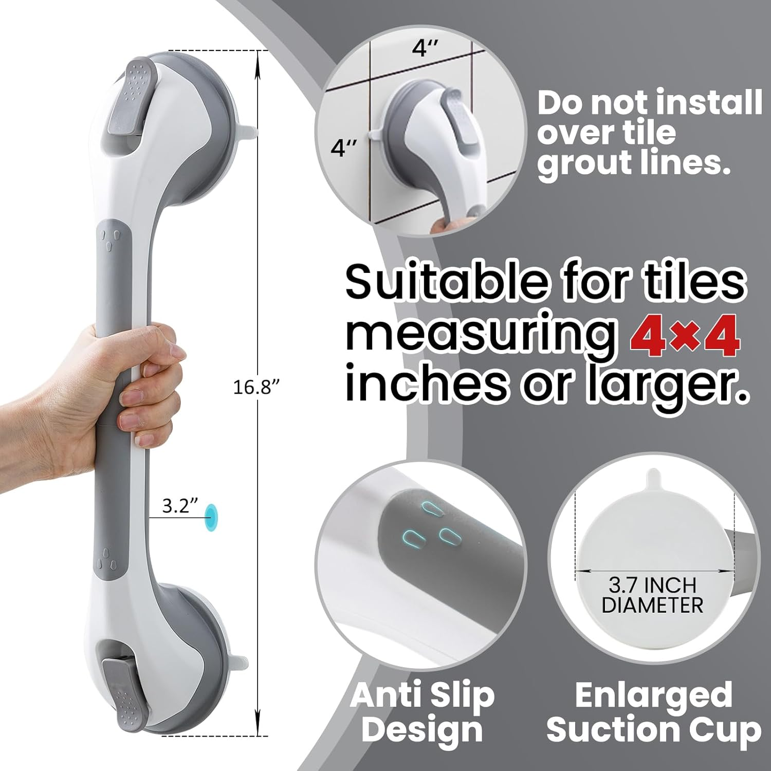 TAILI Grab Bars for Bathtubs and Showers 2 Pack Suction Grab Bar, Heavy Duty Shower Handle Removable Bath Handrails for Seniors and Elderly, Bathroom Safety Grip No Drilling Waterproof,Grey image number 6