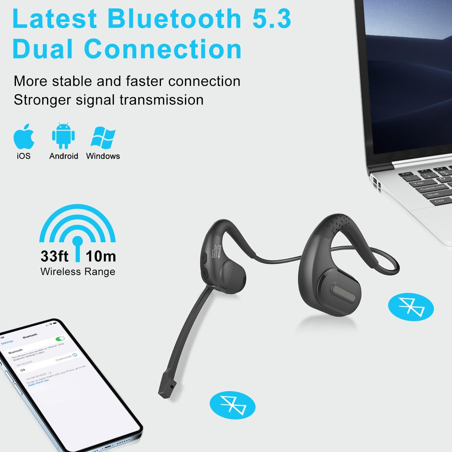 Idigmall Bluetooth Headset with Detachable Microphone, Multi-Point Wireless Headset W/Dsp Noise Canceling Mic for Phone PC Laptop, Comfort & Light Open Ear Headphones for Office Meeting Home Work, 12H image number 6