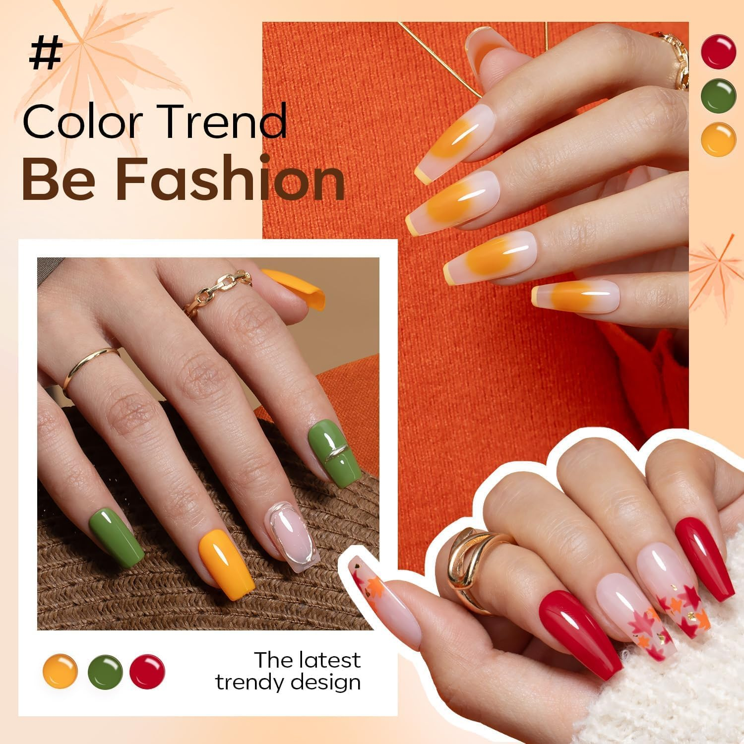 Modelones 40 Pcs Fall Gel Nail Polish Set, Halloween Nude Brown Orange Green Red Purple Gold Jelly White Colors Blooming Gel Polish Kit with Base Coat& Matte Glitter Glossy Top Coat DIY Manicure image number 3