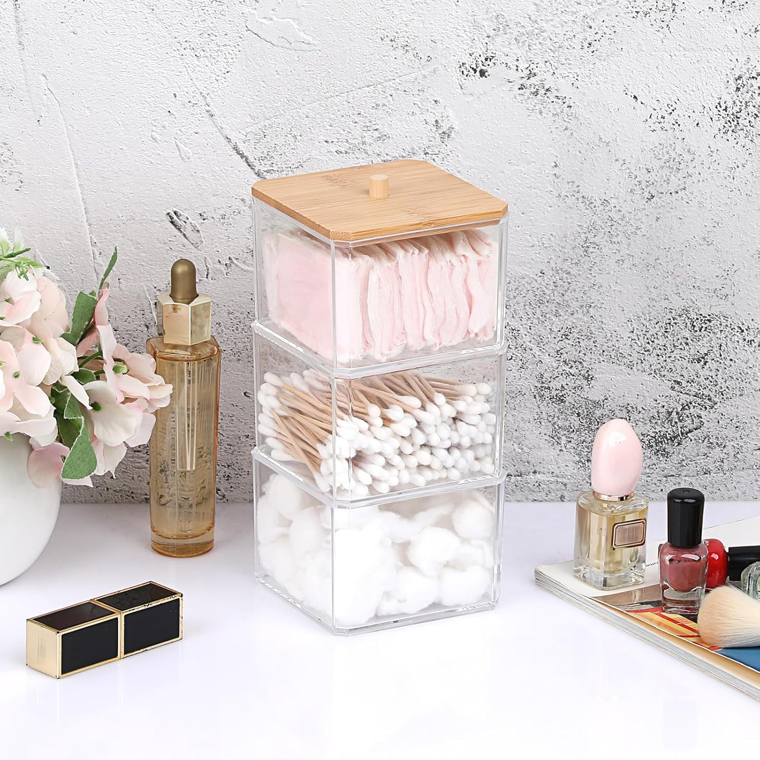 BTSKY Clear Stackable Paper Clip Holder with Bamboo Lid 3-Layer Paperclip Box Thick Acrylic Office Supply Accessory Organizer Square Small Storage Holder Cute Qtip Holder for Office Bathroom Vanity