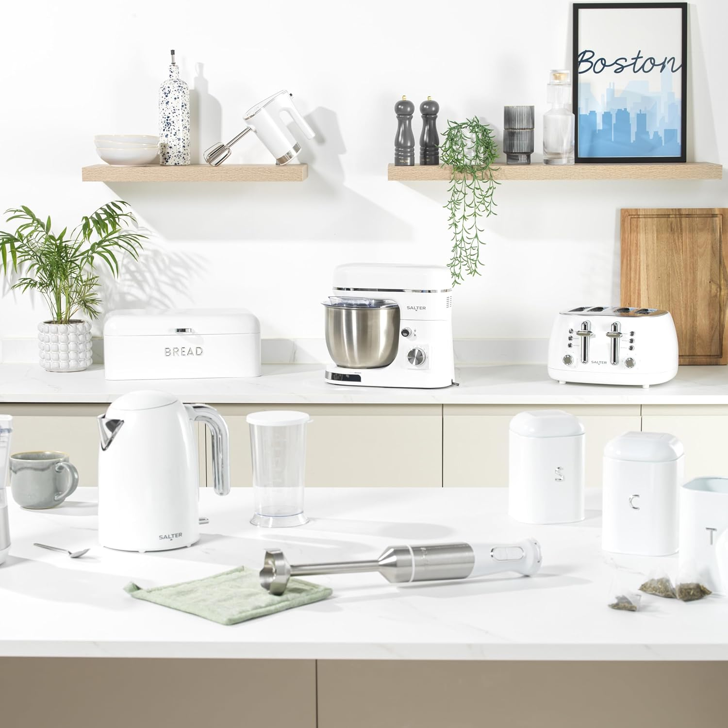 Salter Boston Bread Bin &ndash; Large Bread Storage Container, Embossed Lettering, Store Bread, Pastries, and Bagels, Durable Steel, Easy to Clean, Long-Lasting Freshness, Ice White Shimmer Finish