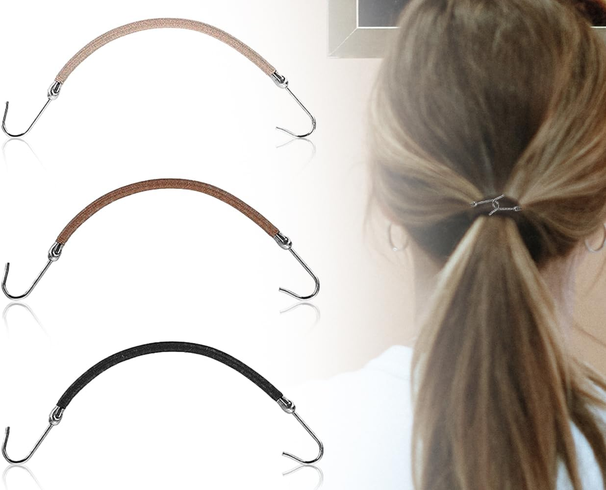 KAPSING Pack of 3 Elastic Hair Bobbles with Hooks, Elastic Hook Hair Scrunchie Bungee, Adjustable Ponytail Holder, Suitable for Most Hairstyles image number 1