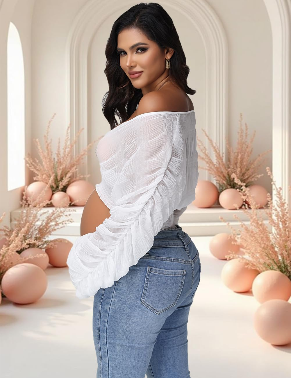 Justvh Women'S Maternity V Neck Chiffon Tunic Top Shirts for Photoshoot Puff Sleeves See-Through Casual Pregnancy Blouse