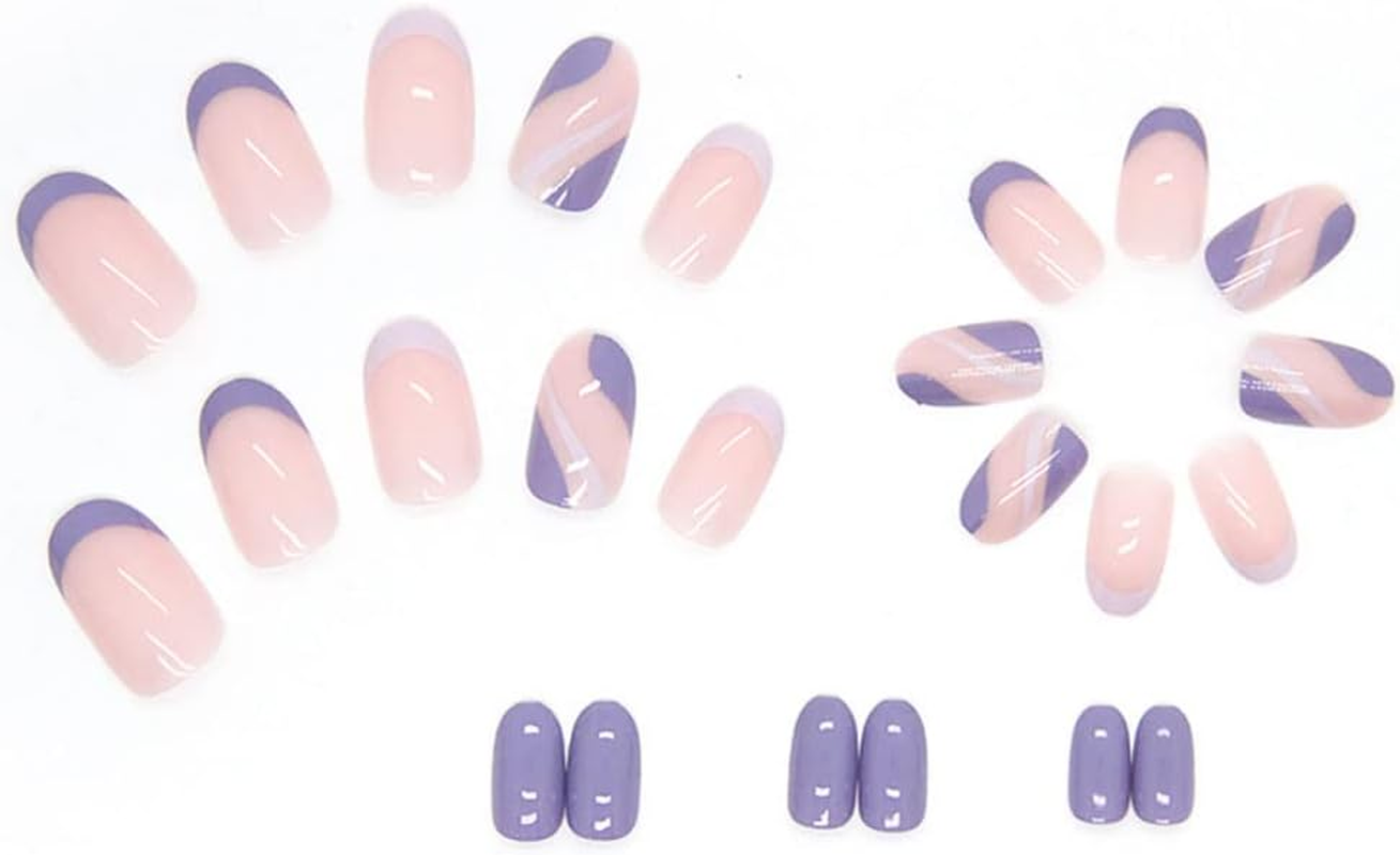 Rikview French Tip Press on Nails Short Fake Nails Oval Purple Nails for Women with Swirls Design image number 2