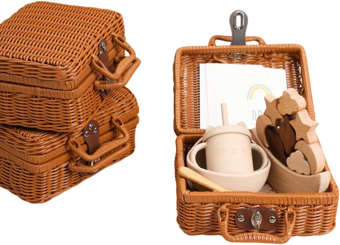 4 in 1 Newborn Gift Bundle with Wooden Stacking Game, Silicone Feeding Set, 16 Milestone Cards and Wicker Gifting Case - Present for New Mums & Baby Shower (Beige Star & Moon Set) image number 4