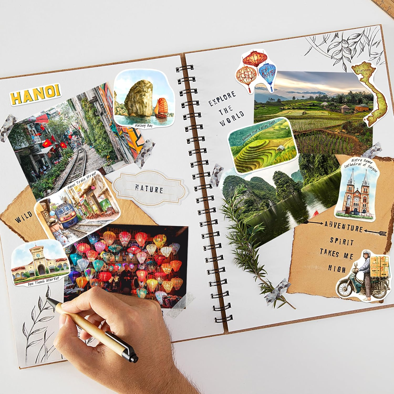 Navy Peony Vibrant Vietnam Travel Stickers (28Pcs) - Watercolor, Vietnamese-Themed Vacation Decals for Journals, Scrapbooks, Luggage, Tumbler