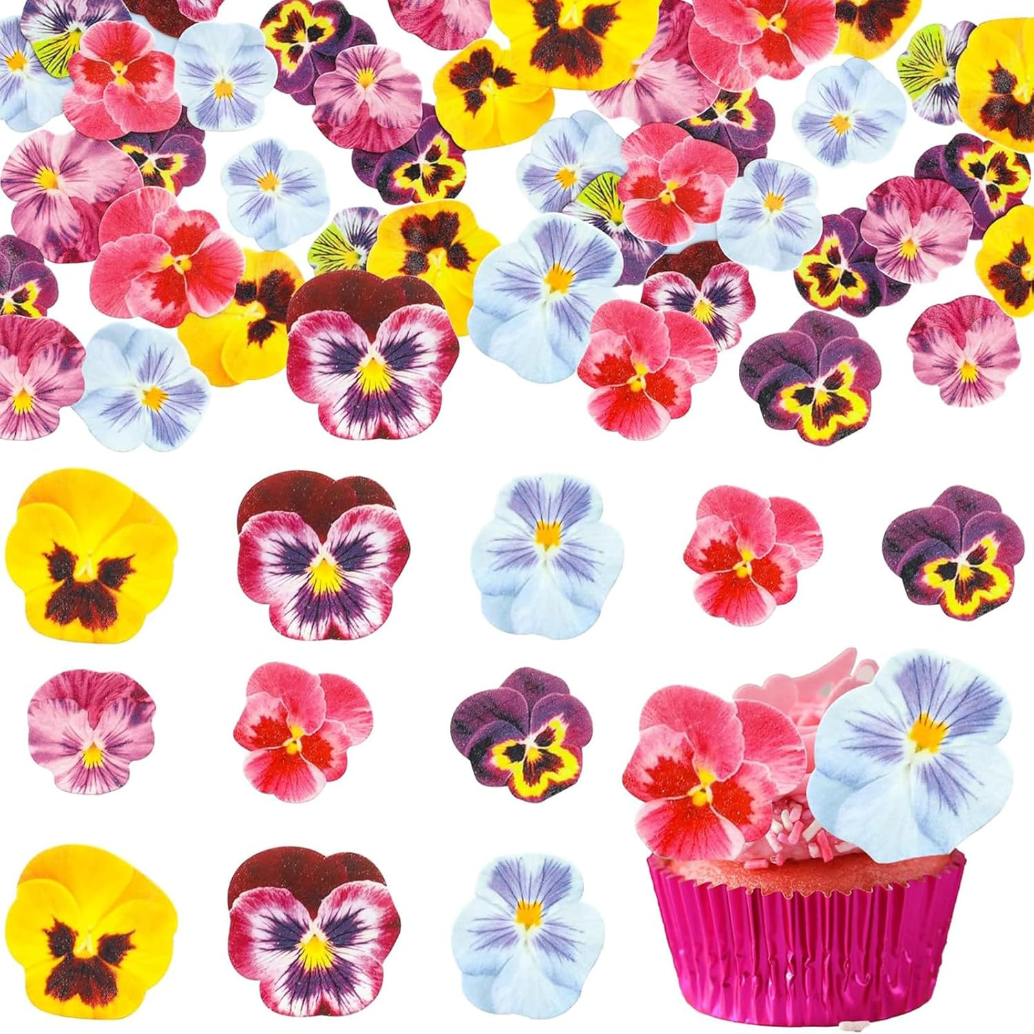 64Pcs Edible Flower Cupcake Toppers Spring Bridal Engagement Baby Shower Birthday Party Cupcake Picks Anniversary Party Decorations Supplies image number 1