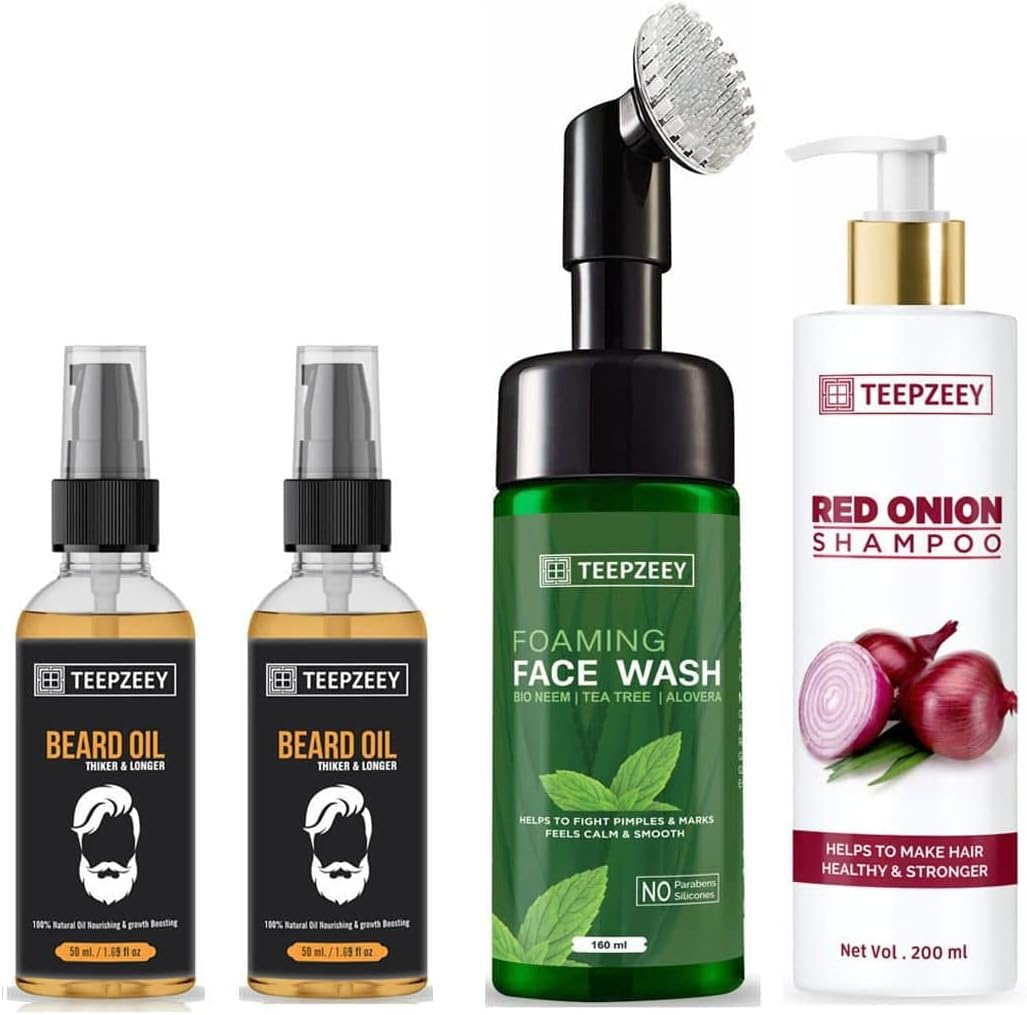 TEEPZEEY Red Onion Hair Shampoo - 200Ml and Beard Oil for Thicker & Longer Beard - 50Ml (2 Piece) and Foaming Face Wash I Bio Neem I Tea Tree I Aloe Vera - 160Ml
