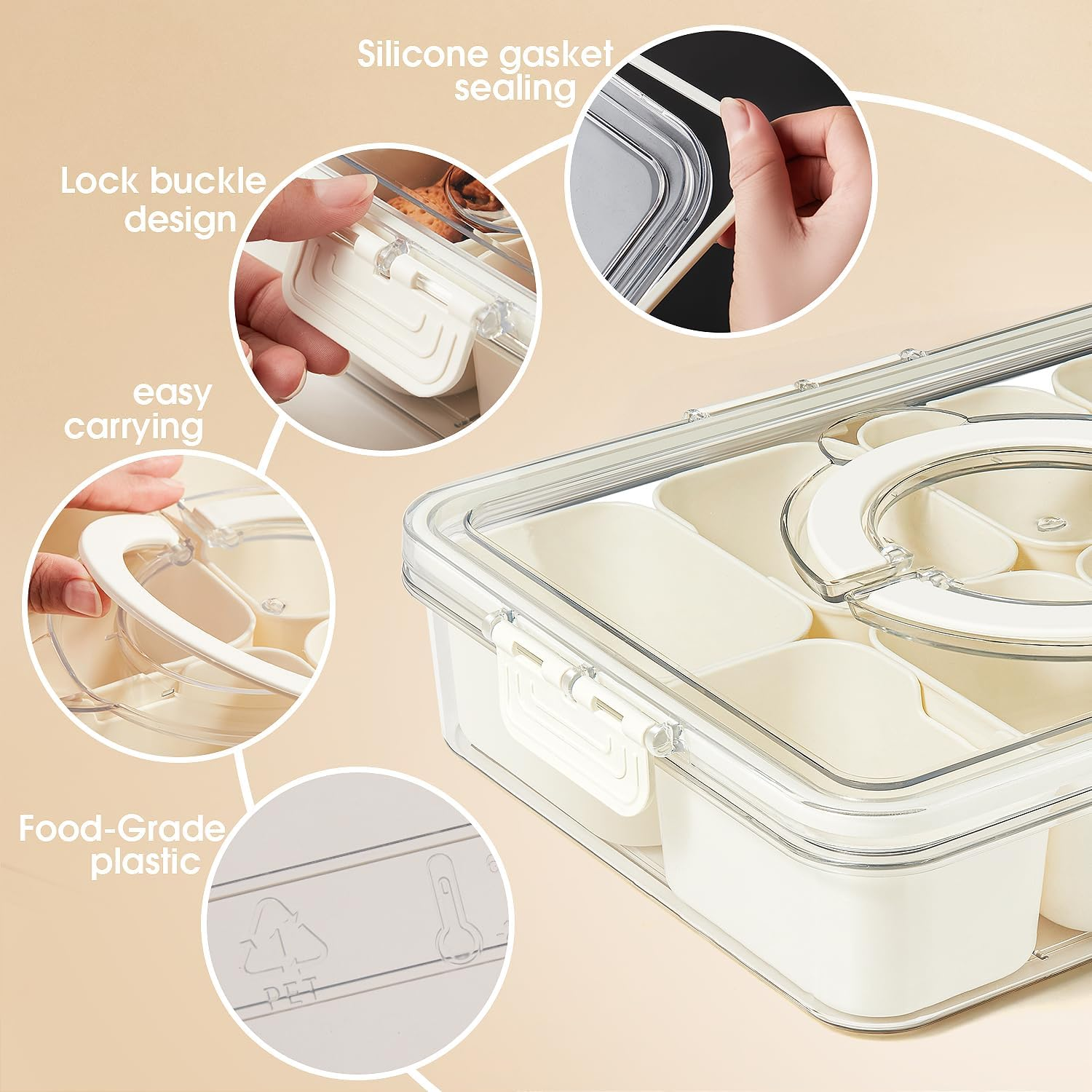 Snackle Box Container Divided Serving Platters with Lid and Handle Divided Snackle for Portable Snack Box Container Tray Perfect for Candy Fruit and Treats image number 4