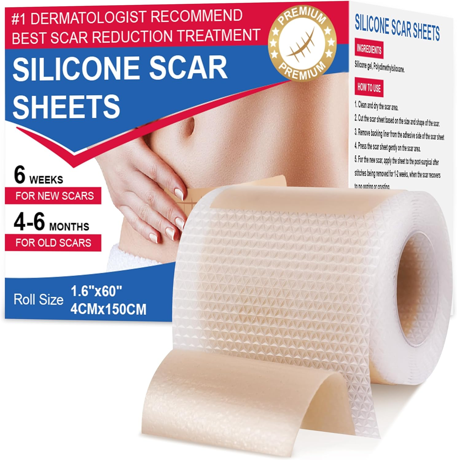 Silicone Scar Sheets - Silicone Scar Tape (1.6"X 60" Roll-150Cm) for Surgical Scars, C-Section, Keloid Scars, Hypertrophic Scars | Reusable Scar Strips image number 5