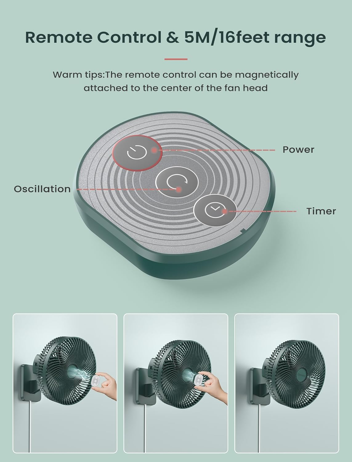 Wall Mount 10 Inch Fan with Remote and Timer, Small Oscillating Wall Fan, Powerful 4 Speeds, 90&deg;Oscillation, 120&deg;Adjustable Tilt,5.92Ft Cable, Quiet Bedroom Fan, for RV,AC/DC Adapter image number 4