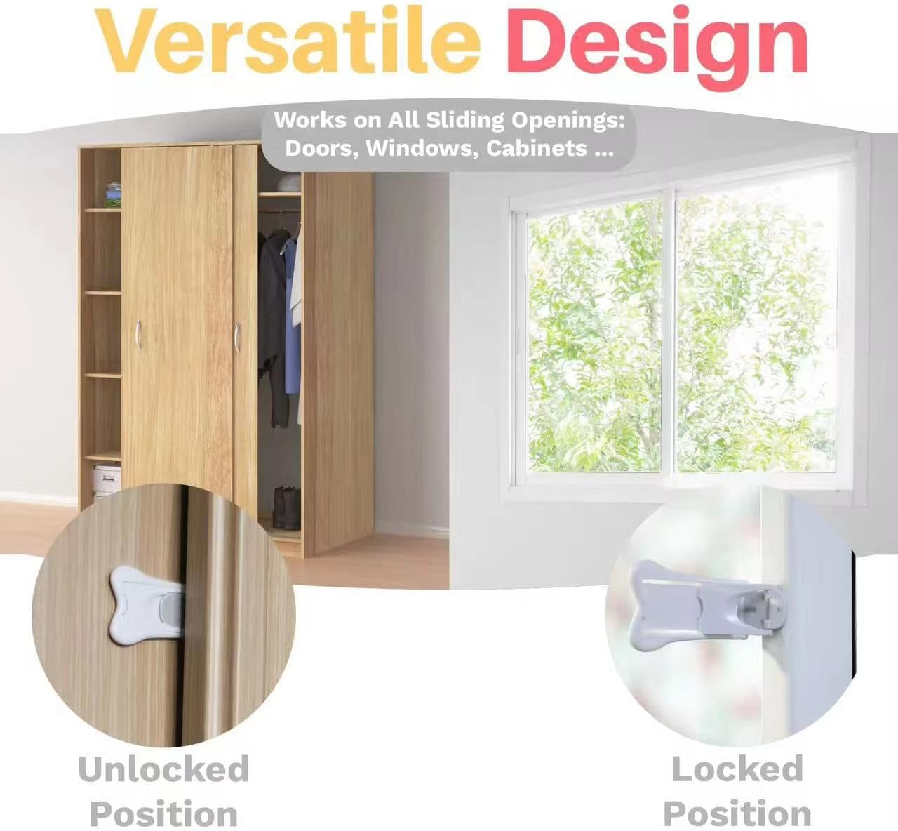 Liyquint 4PCS Sliding Door Lock for Child Safety | Child Proof Locks for Glass Doors, Windows, Closets & Cabinets | Home Security Safety Locks for Sliding Doors & Windows (White) image number 3