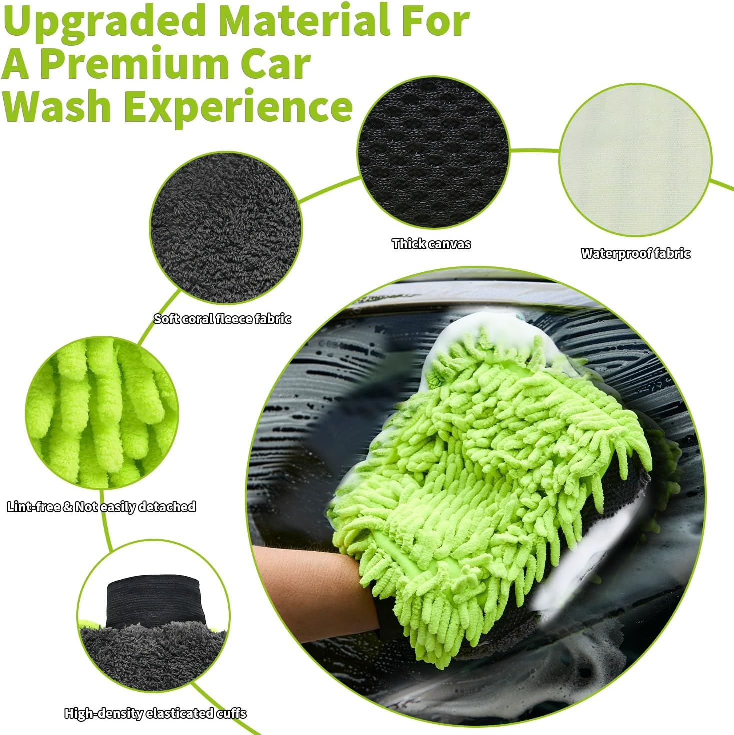 DU Life Car Wash Mitt, 2PCS Microfibre Noodle Car Washing Mitts, Efficient 3In1 Car Cleaning Mitt, Car Wash Mitt Gloves with Elastic Wrist Cuffs for Whole Car Washing - Green image number 4