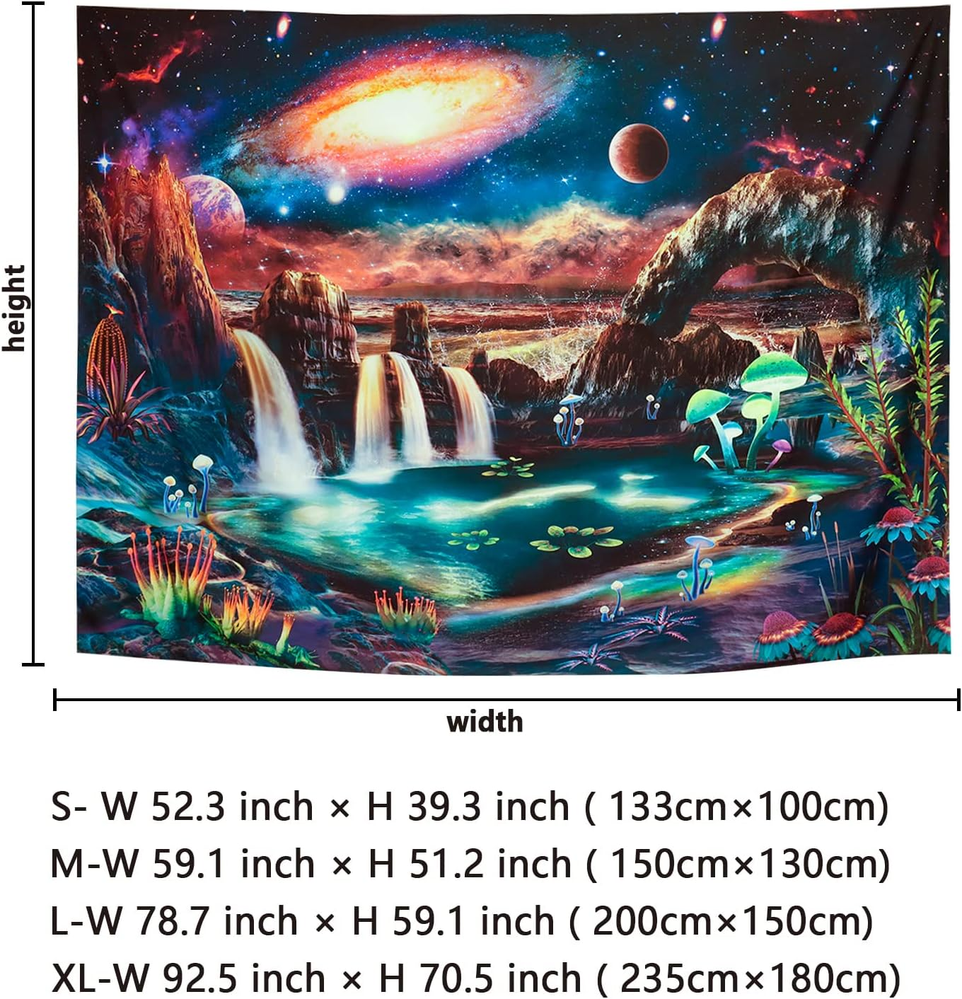 Blacklight Galaxy Tapestry Trippy Planet UV Reactive Waterfall Landscape Fantasy Mountain Wave Wall Mysterious Neon Mushroom Plants Hanging for Room, M/51.2'' &times; 59.1'' image number 4