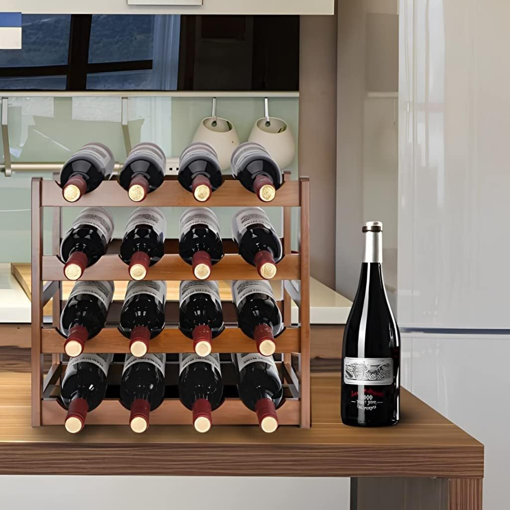 4 Tiers Bamboo Wine Rack, Wooden 16-Bottle Display Wine Bottle Storage Holder, Freestanding Bottle Bar for Home Kitchen Cabinet image number 5