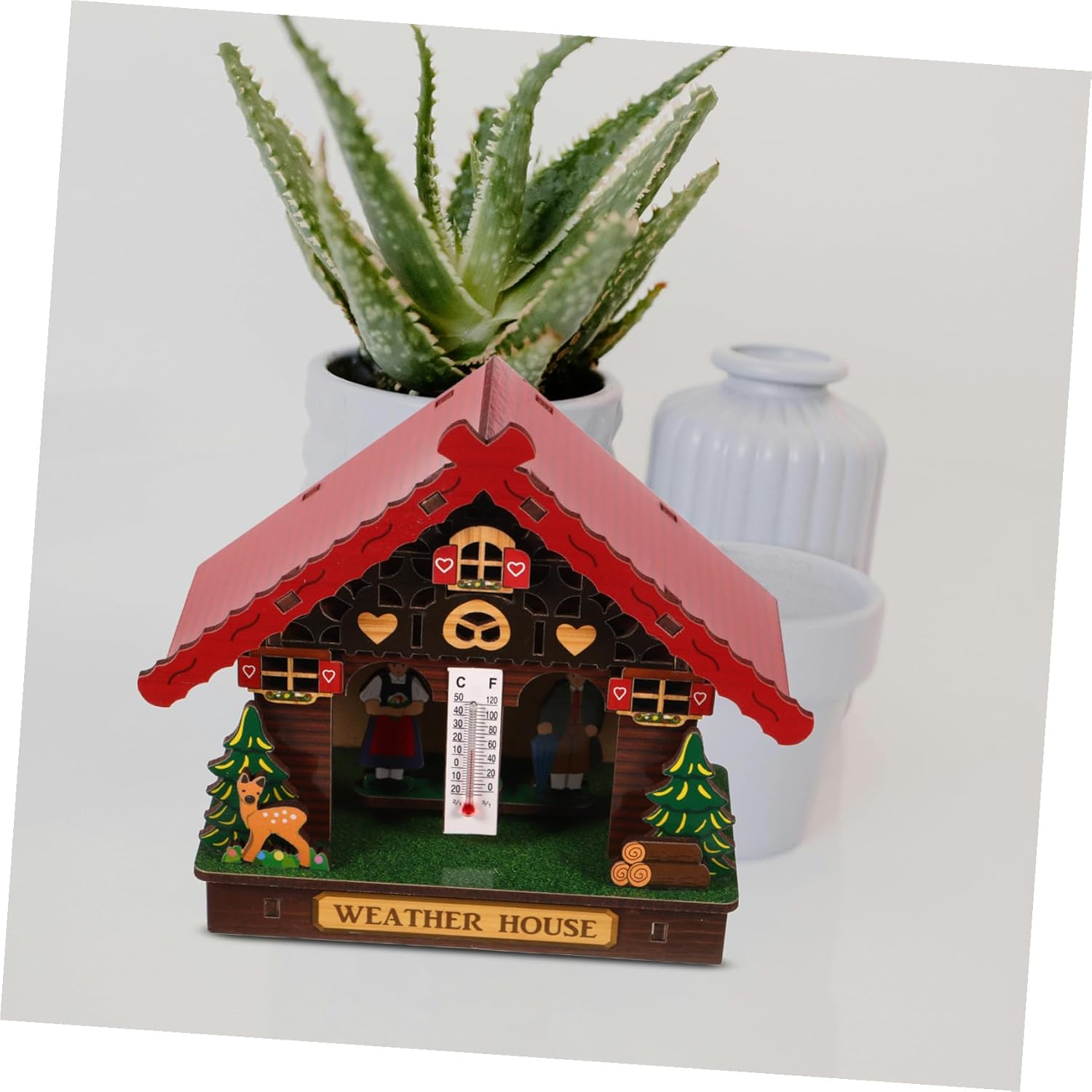 Garneck Analog Weather House Thermometer Hygrometer Barometer Combo for Indoor Outdoor Use Accurate Temperature Humidity Monitor Wooden Wall-Mounted Weather Station with Classic Man Woman image number 6