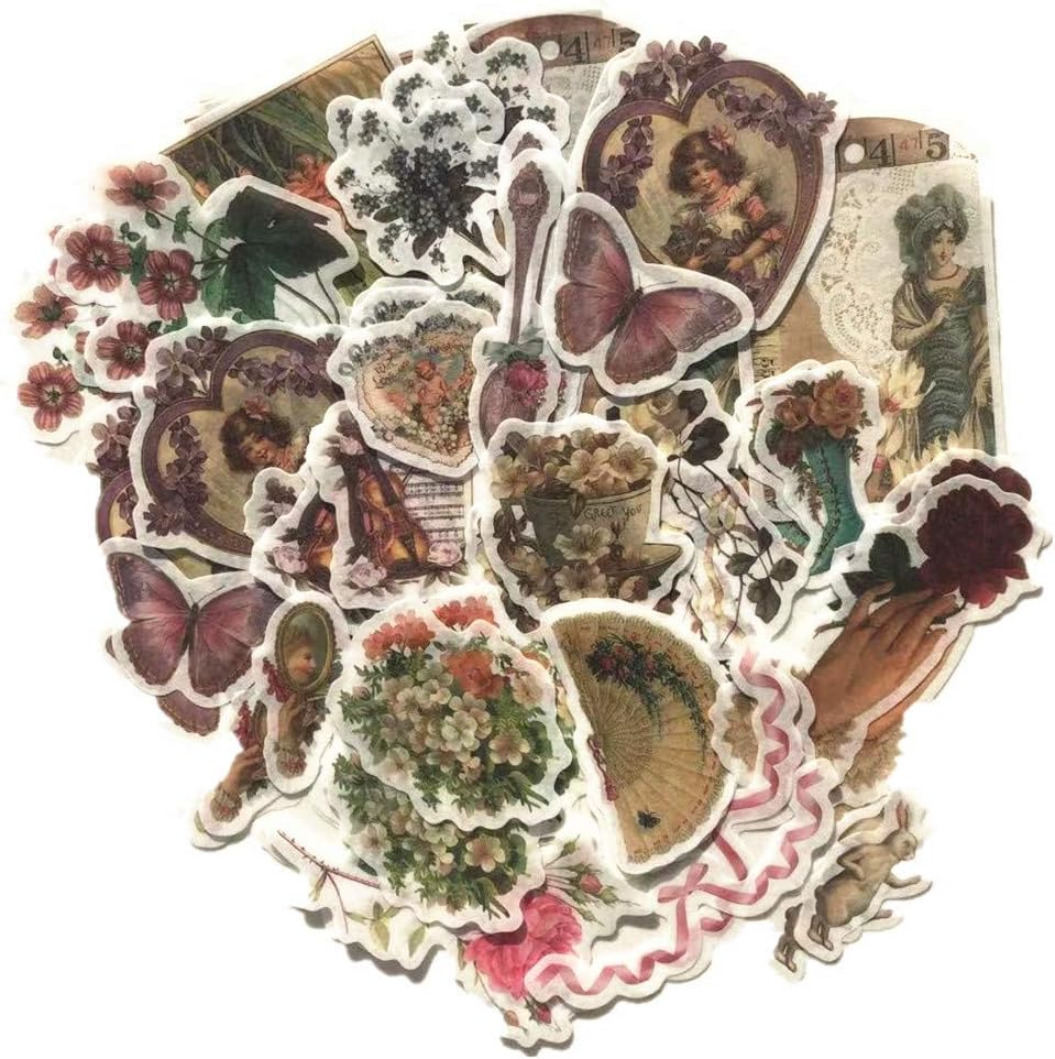 Vintage Aesthetic Botany Creature Adhesive Washi Sticker Pack | Artsy Antique Plants Grass Floral Butterfly Paper Decals Supplies | Retro Trendy Memorial (Natural Arts Crafts Material Pack)