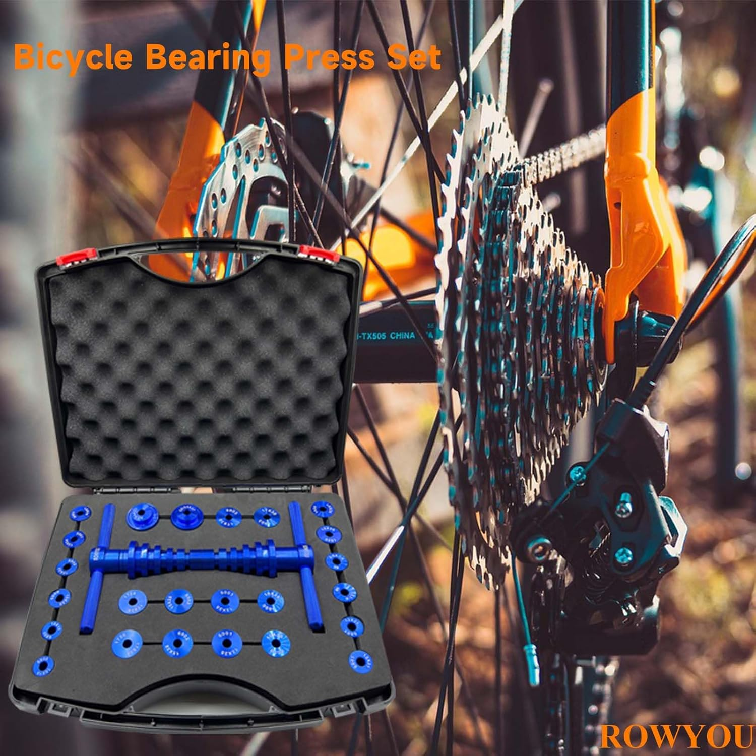Bike Bearing Press Kit, ROWYOU Bicycle Bearing Press Set Include 35 Bearing Adapters & Bike Headset Press Tool & Carry Case, Heavy Duty Bike Tool for Wheels/Hub BB Axis Turning Point Tool image number 5