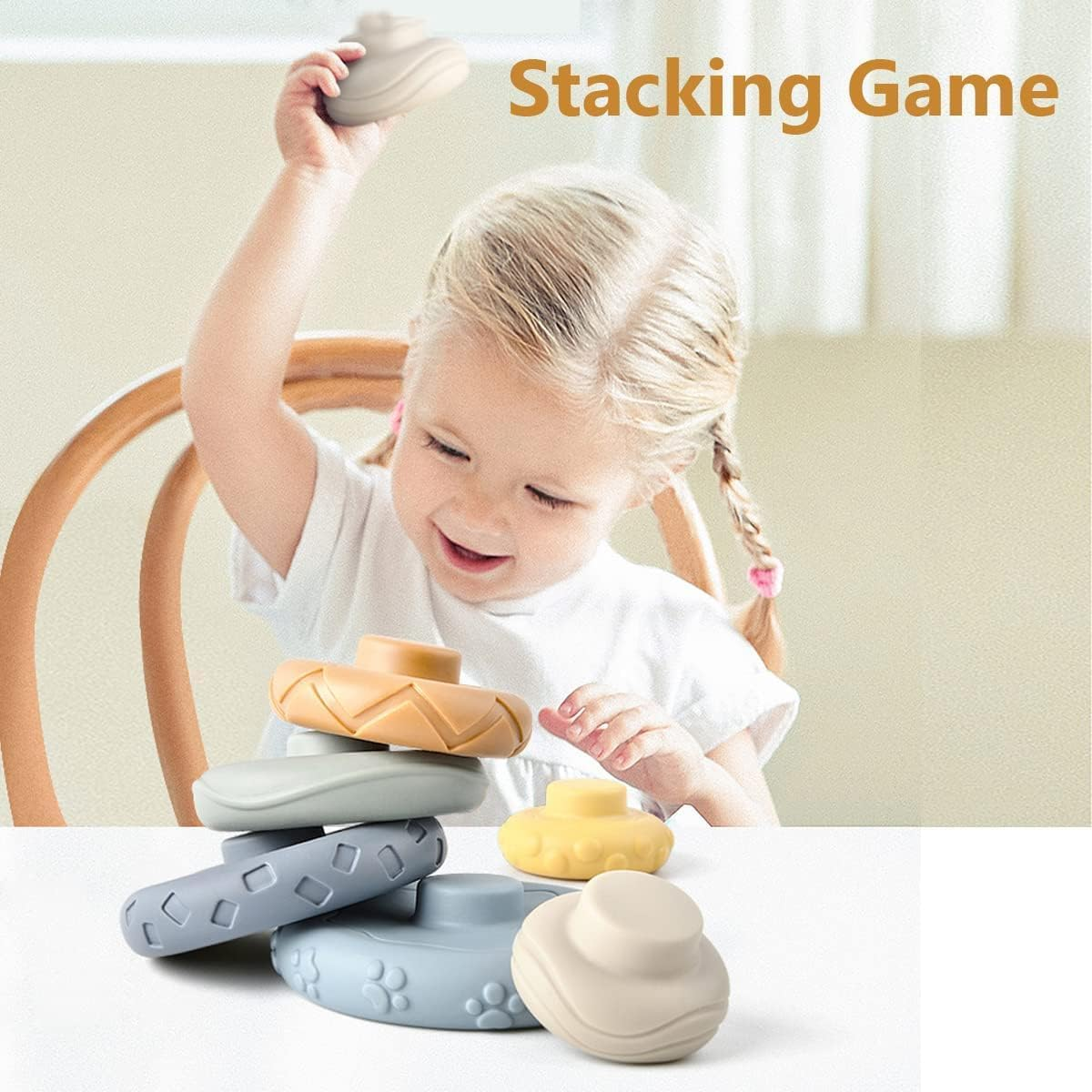 Stacking Nesting Circle Toy, Soft Squeeze Building Blocks Sensory Toys, Early Learning Color & Pattern Montessori Toys for for for 0-3-6-12 Months Old Infant Baby Boy Girl image number 2