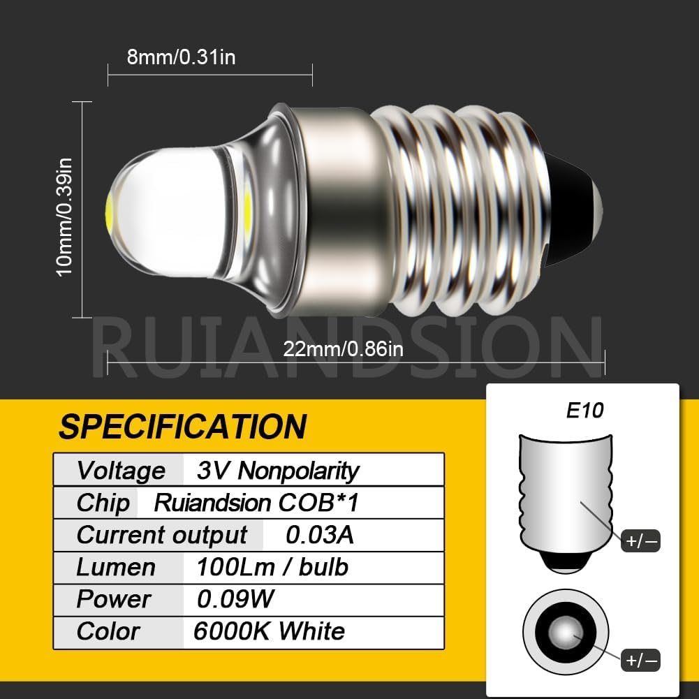 Ruiandsion 4Pcs E10 LED Bulbs 3V 6000K White LED Bulbs for Torchlight Flashlight Torch Light,Non-Polarity image number 7